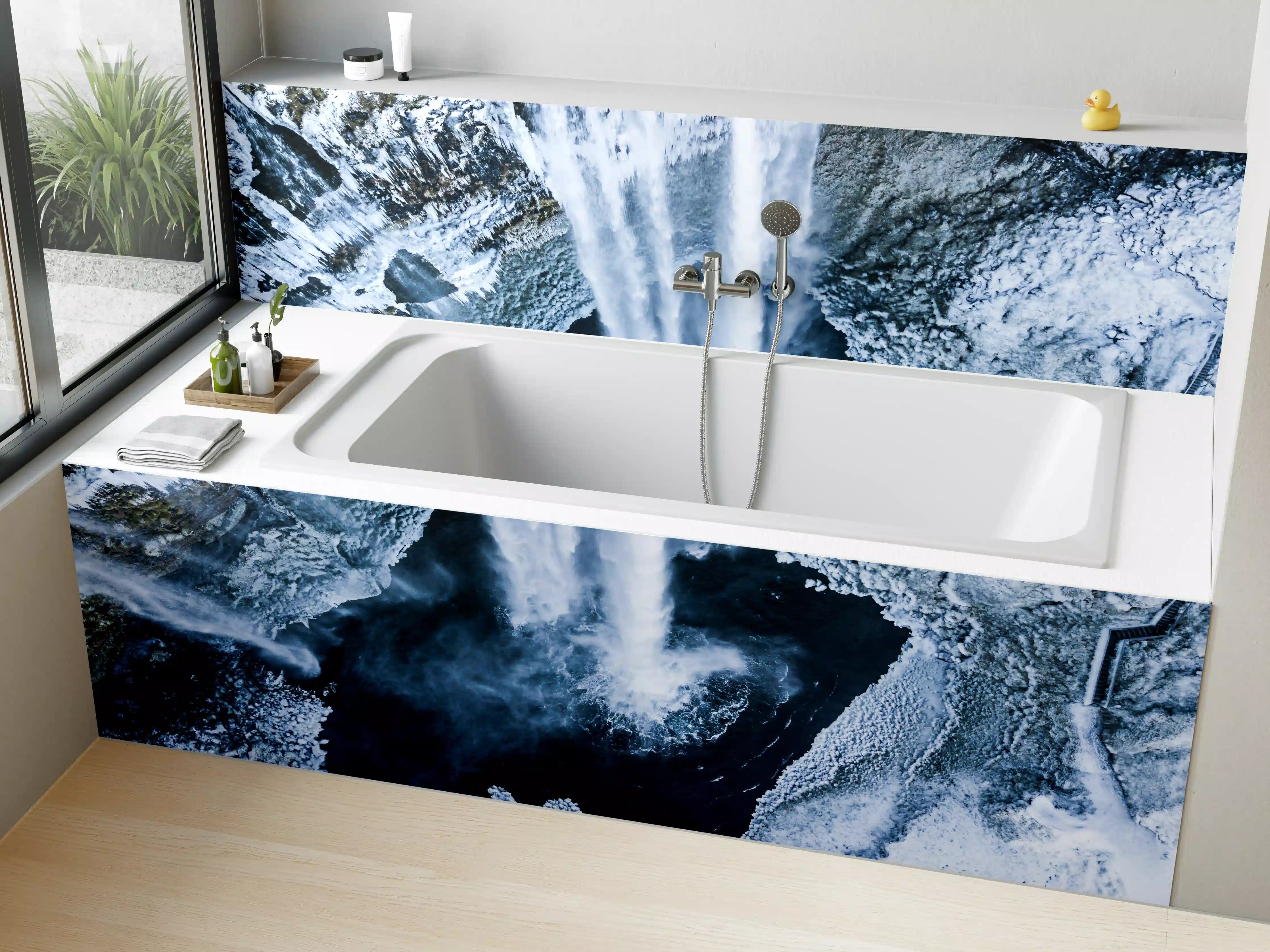 Badewannen-Rückwand - Naturwasserfall mit Gischt und Felsgestein