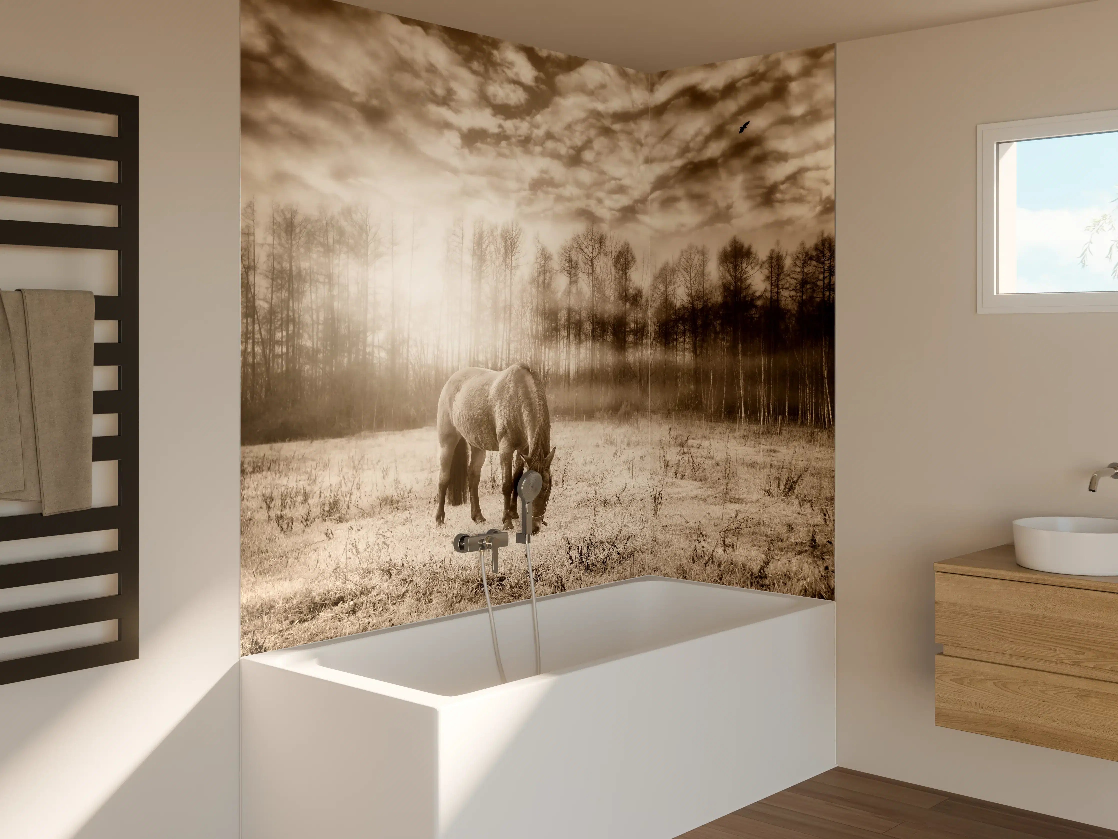 Badewannen-Rückwand - Nebelige Weide mit Pferd im Herbst