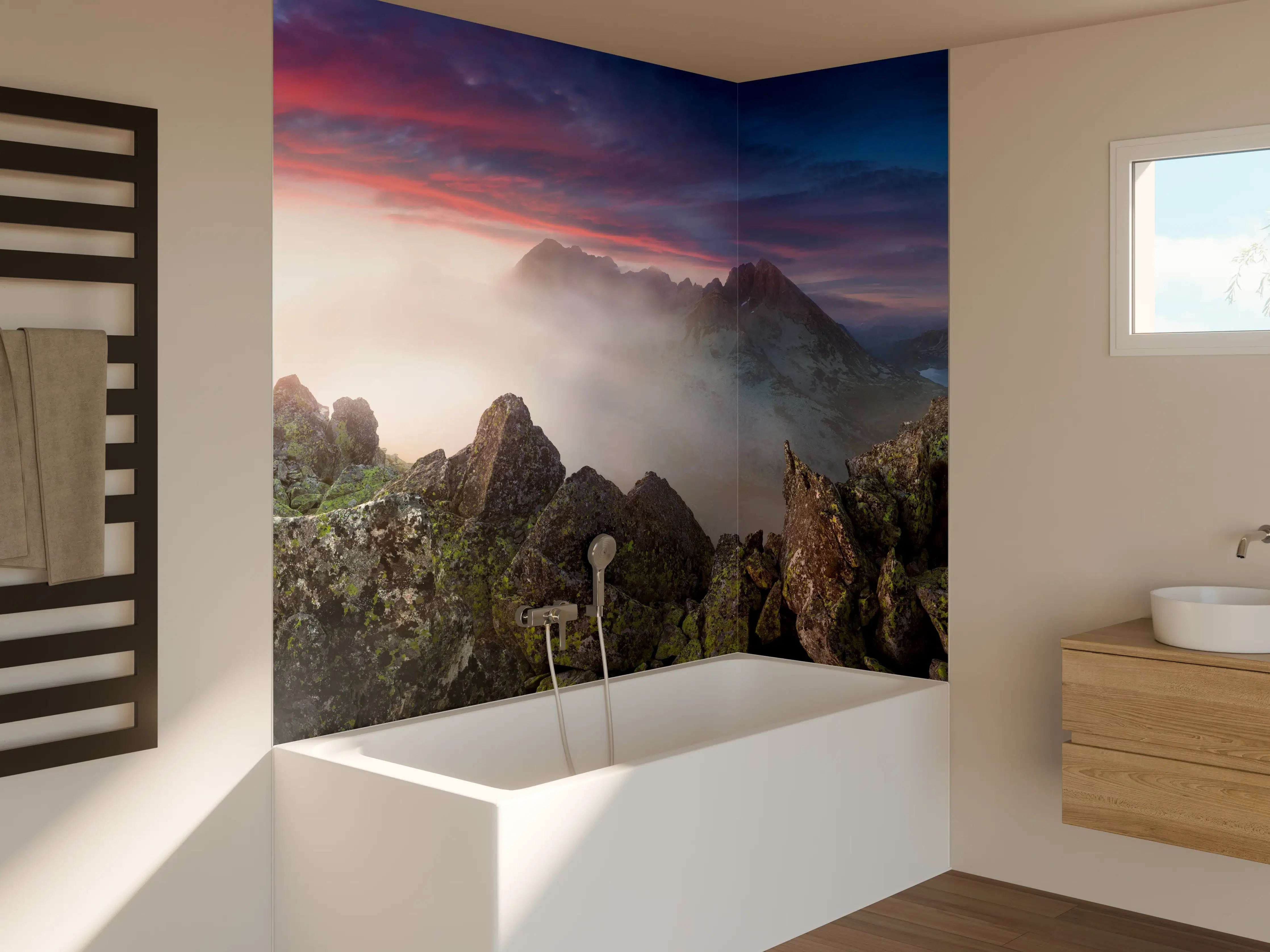 Badewannen-Rückwand - Nebeliger Blick auf Fairytale Berge, Slowakei