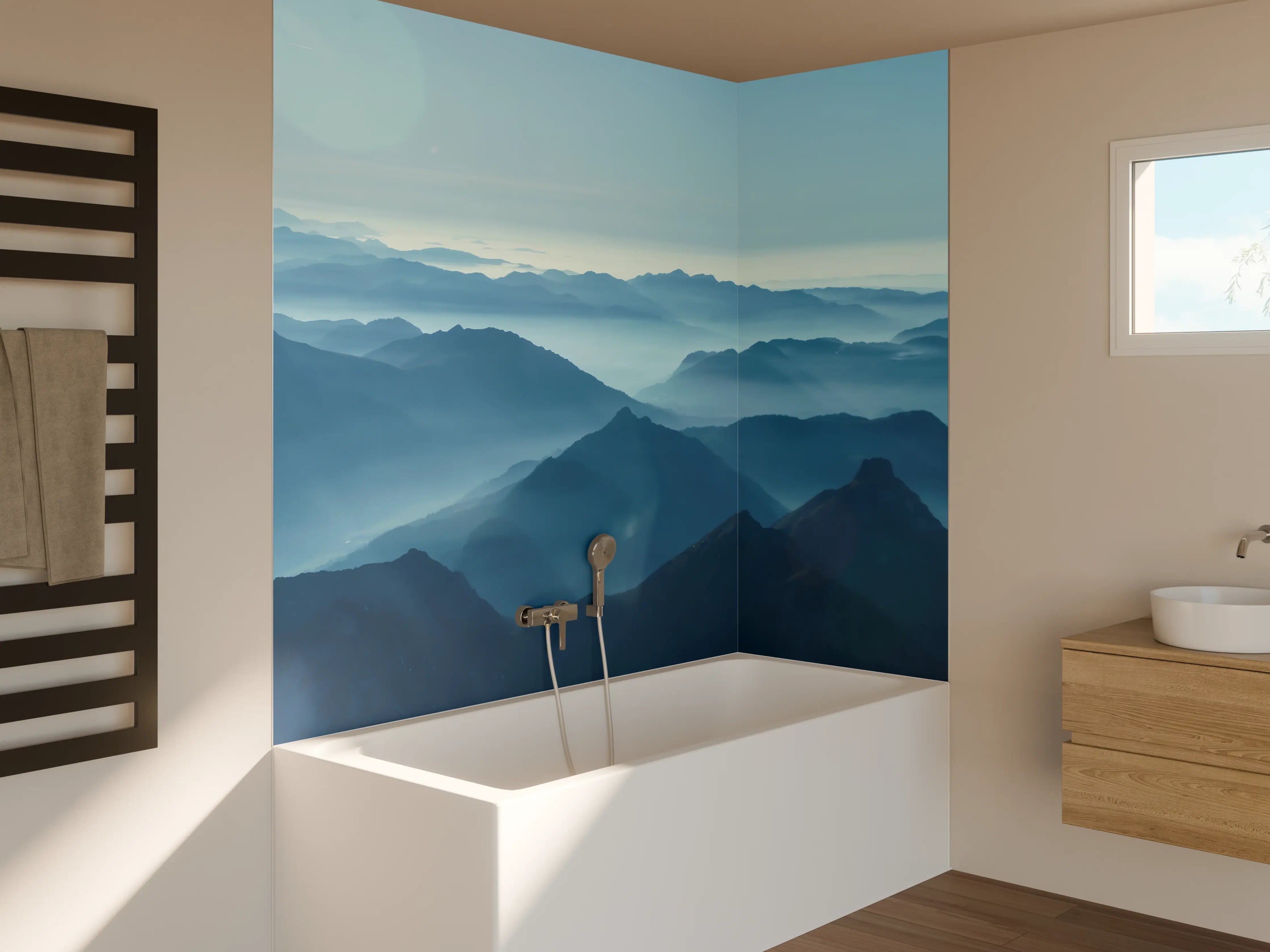 Badewannen-Rückwand - Nebelschwaden in den Tälern des Voralpenlandes