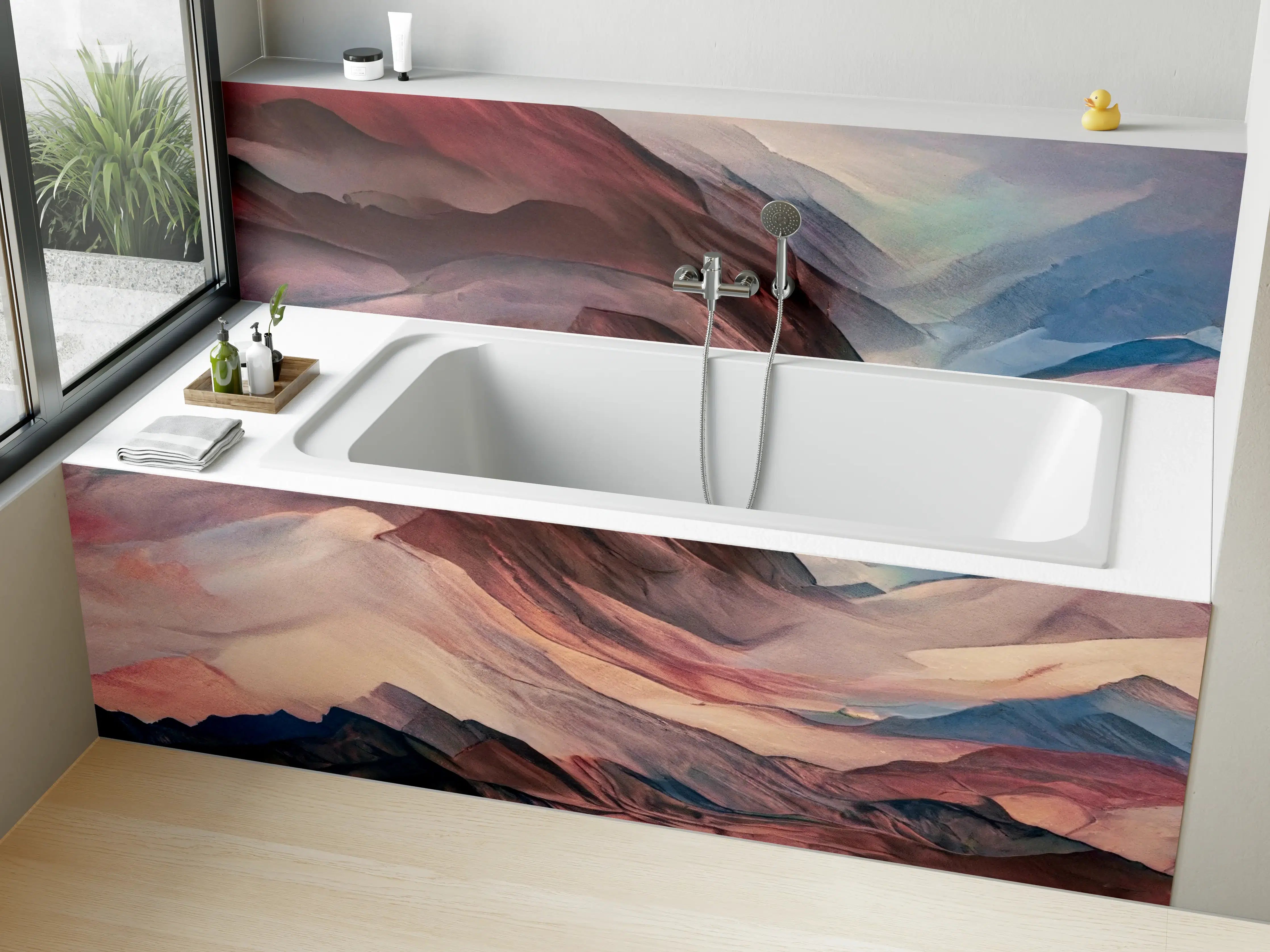 Badewannen-Rückwand - Neblige Bergwelt in Grau- und Weißnuancen