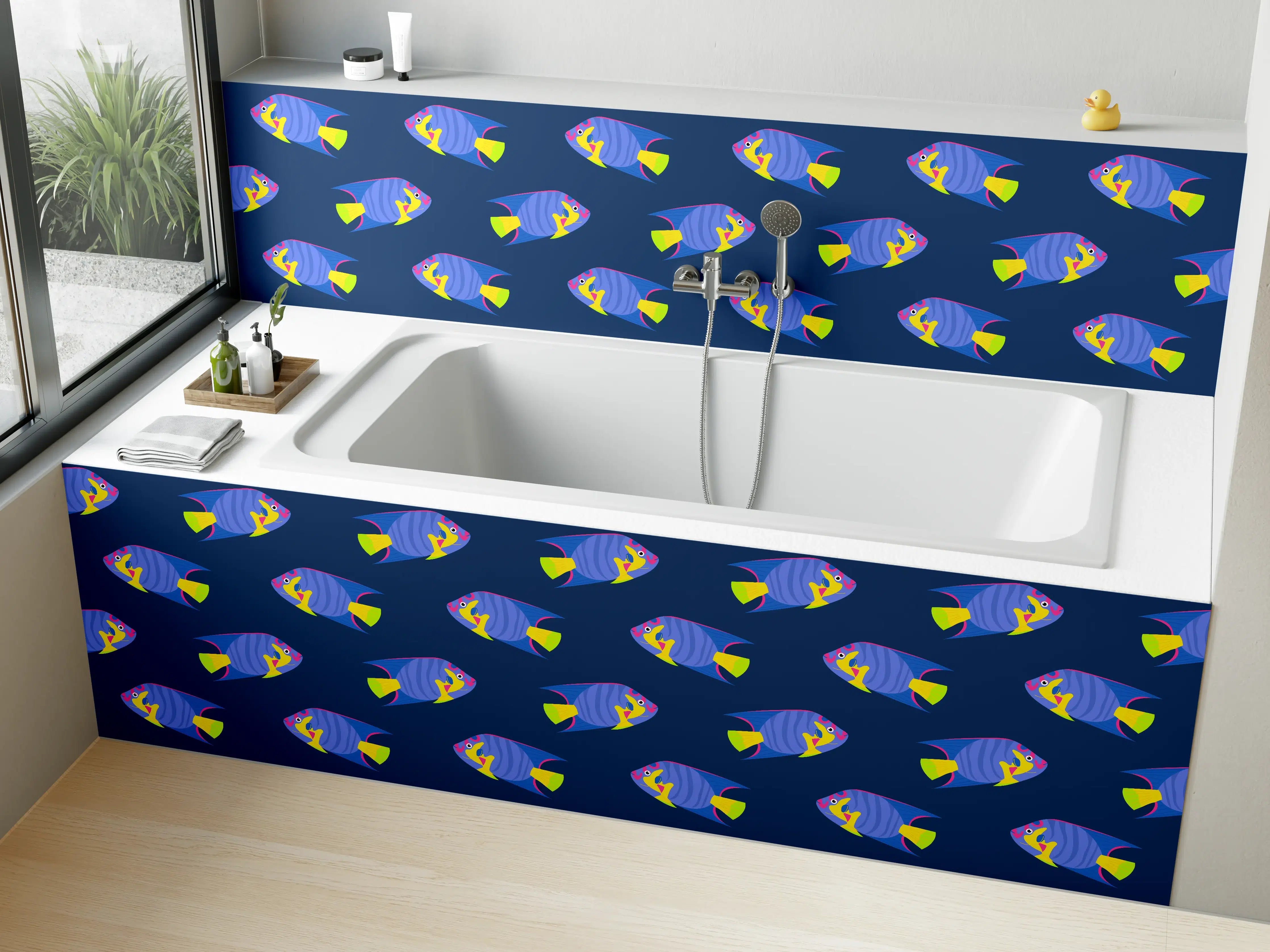 Badewannen-Rückwand - Neon-Fische Blau-Gelb Muster