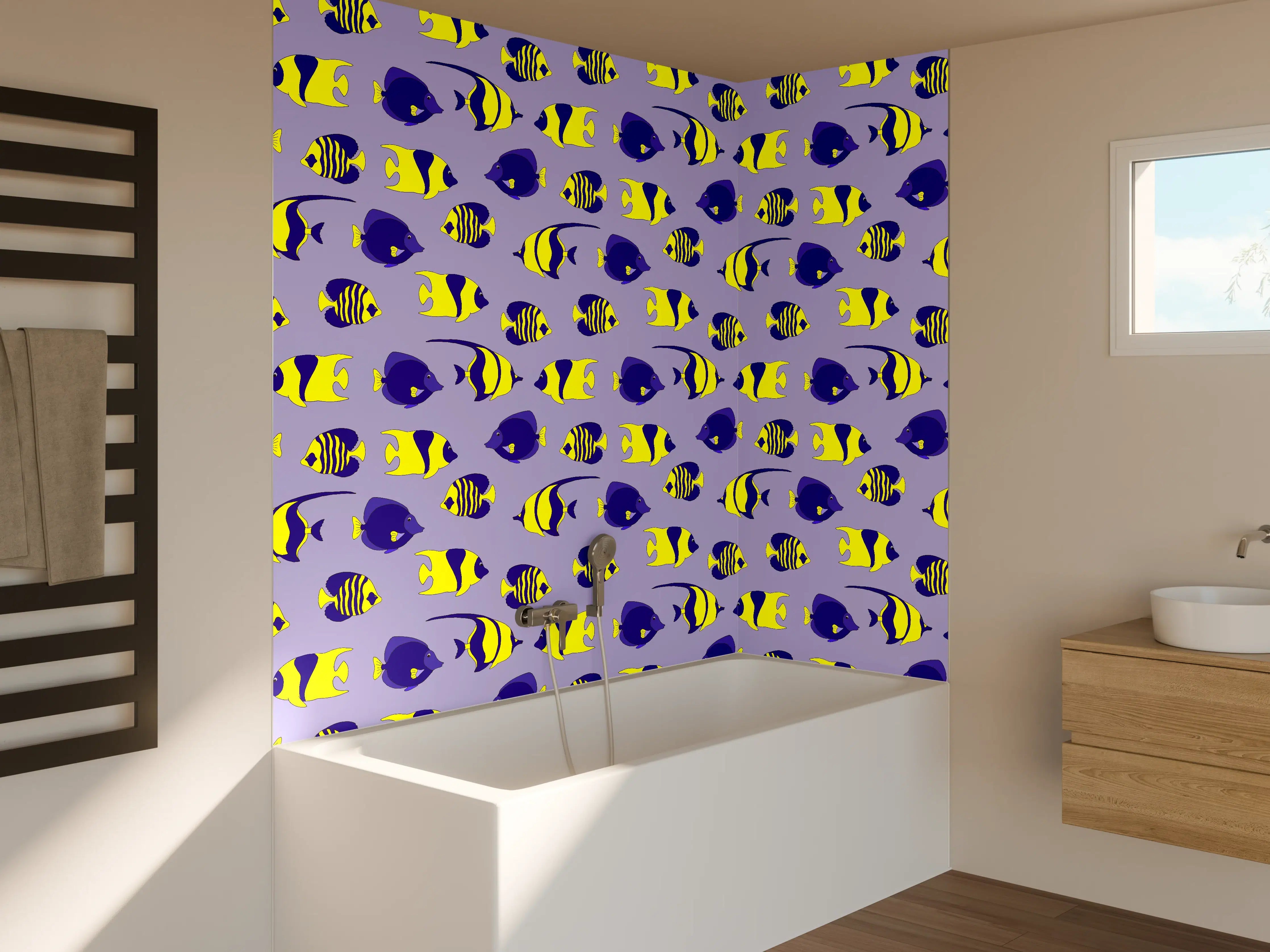Badewannen-Rückwand - Neon-Fische Gelb-Blau Muster