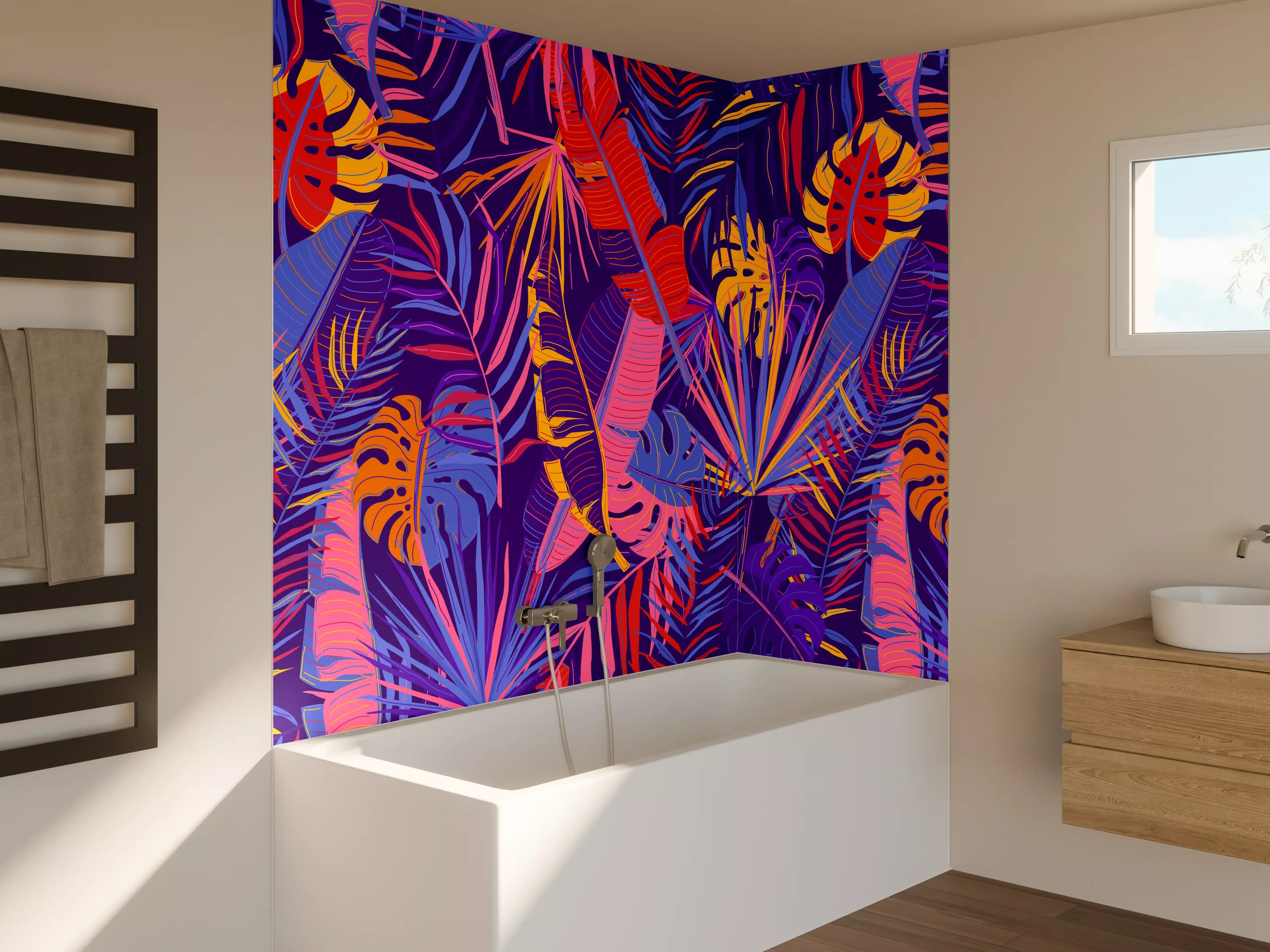 Badewannen-Rückwand - Neon Tropenblätter Muster