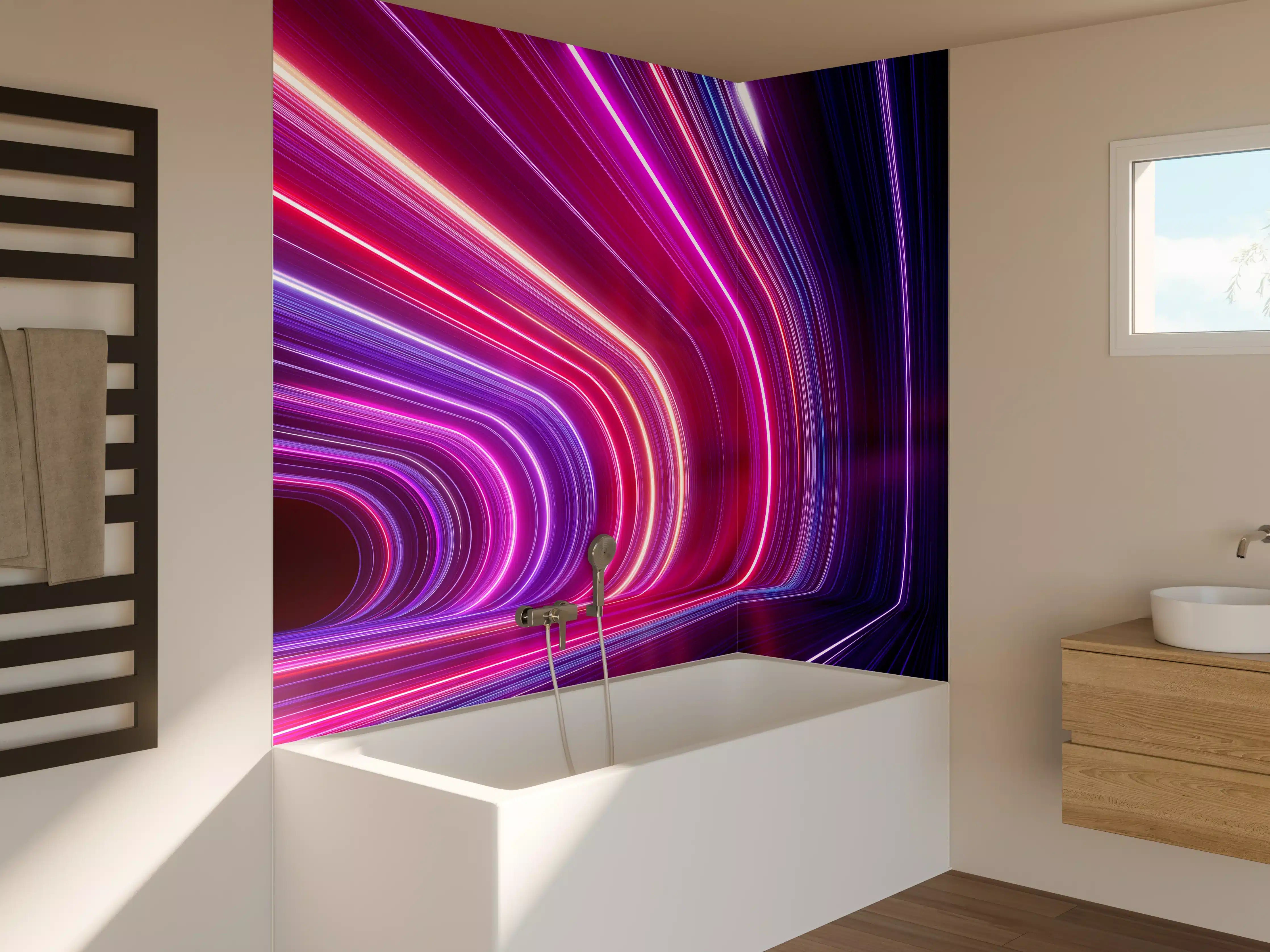 Badewannen-Rückwand - Neonlichtstrahlen in Dunkelheit