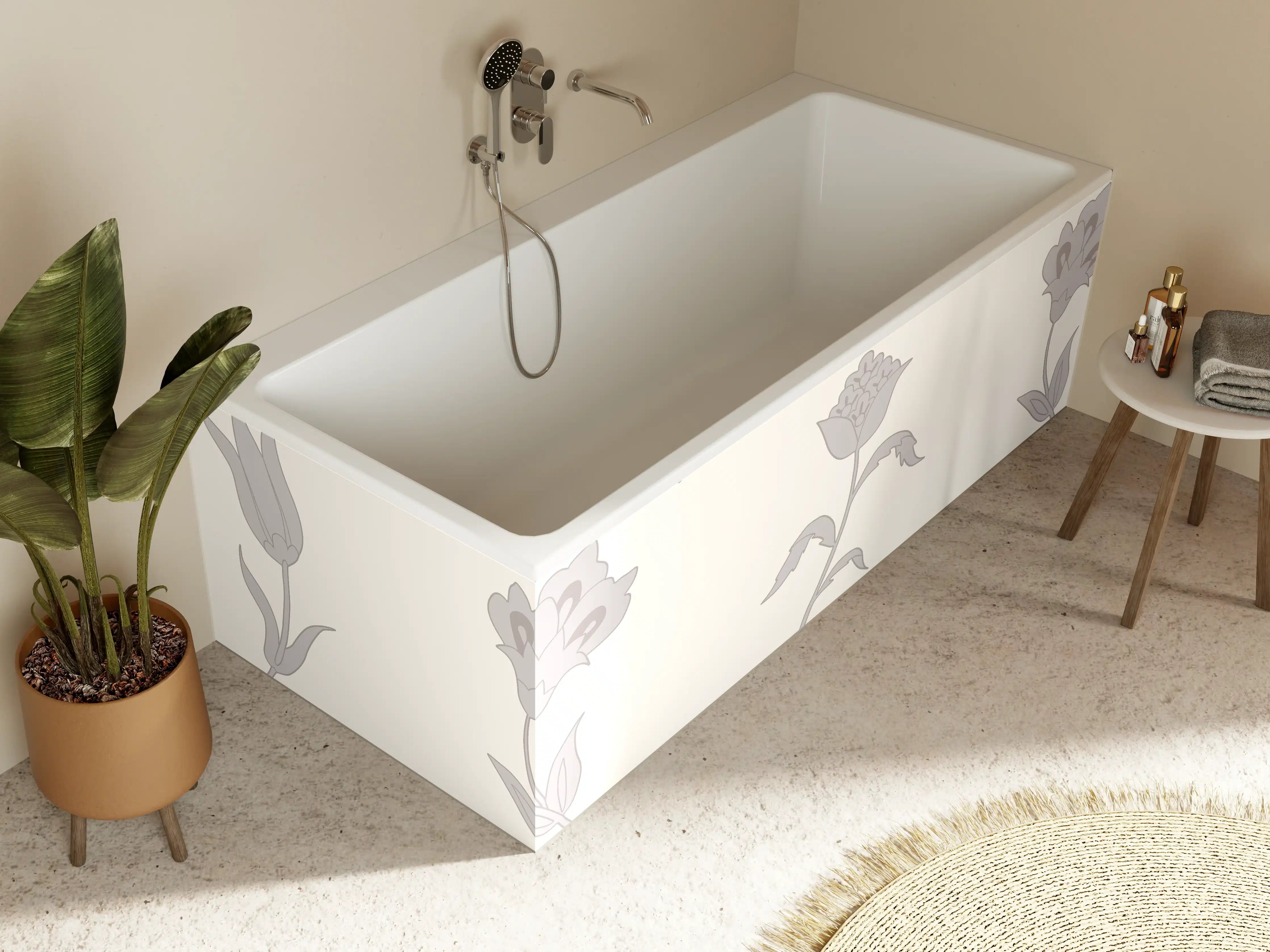 Badewannen-Rückwand - Neutral-Weißes Blumenmuster