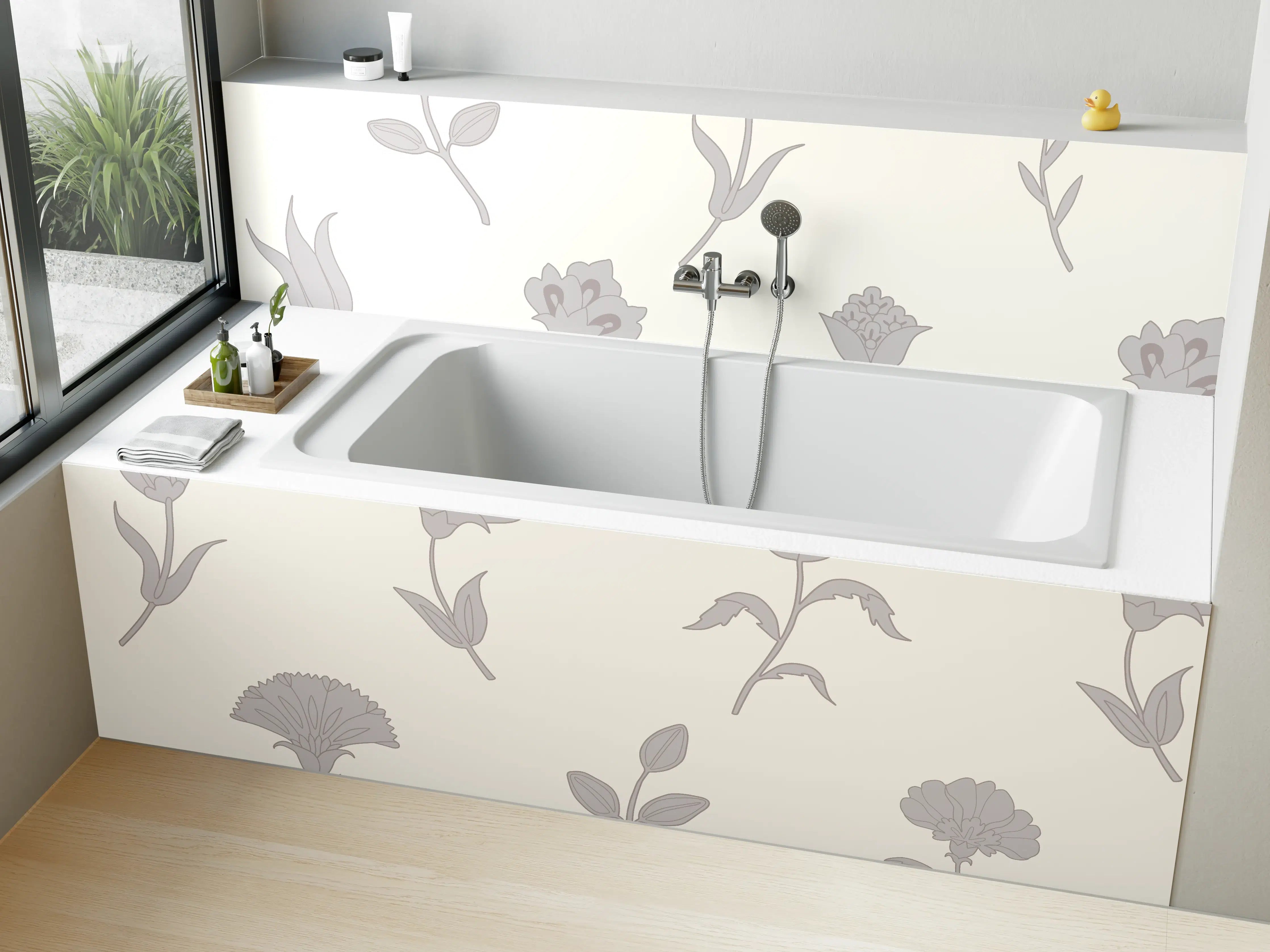 Badewannen-Rückwand - Neutral-Weißes Blumenmuster