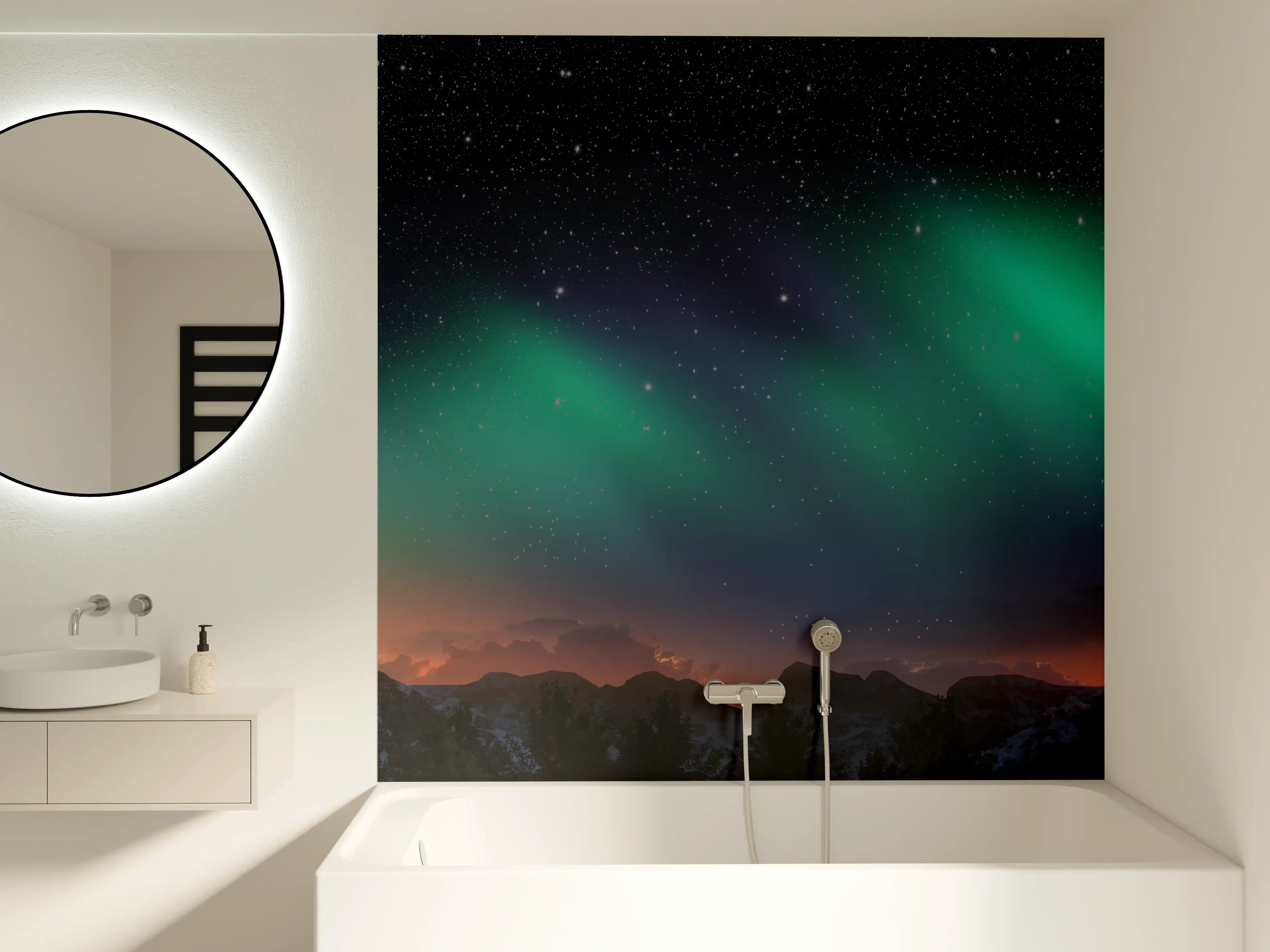 Badewannen-Rückwand - Nordlichter über Bergkulisse