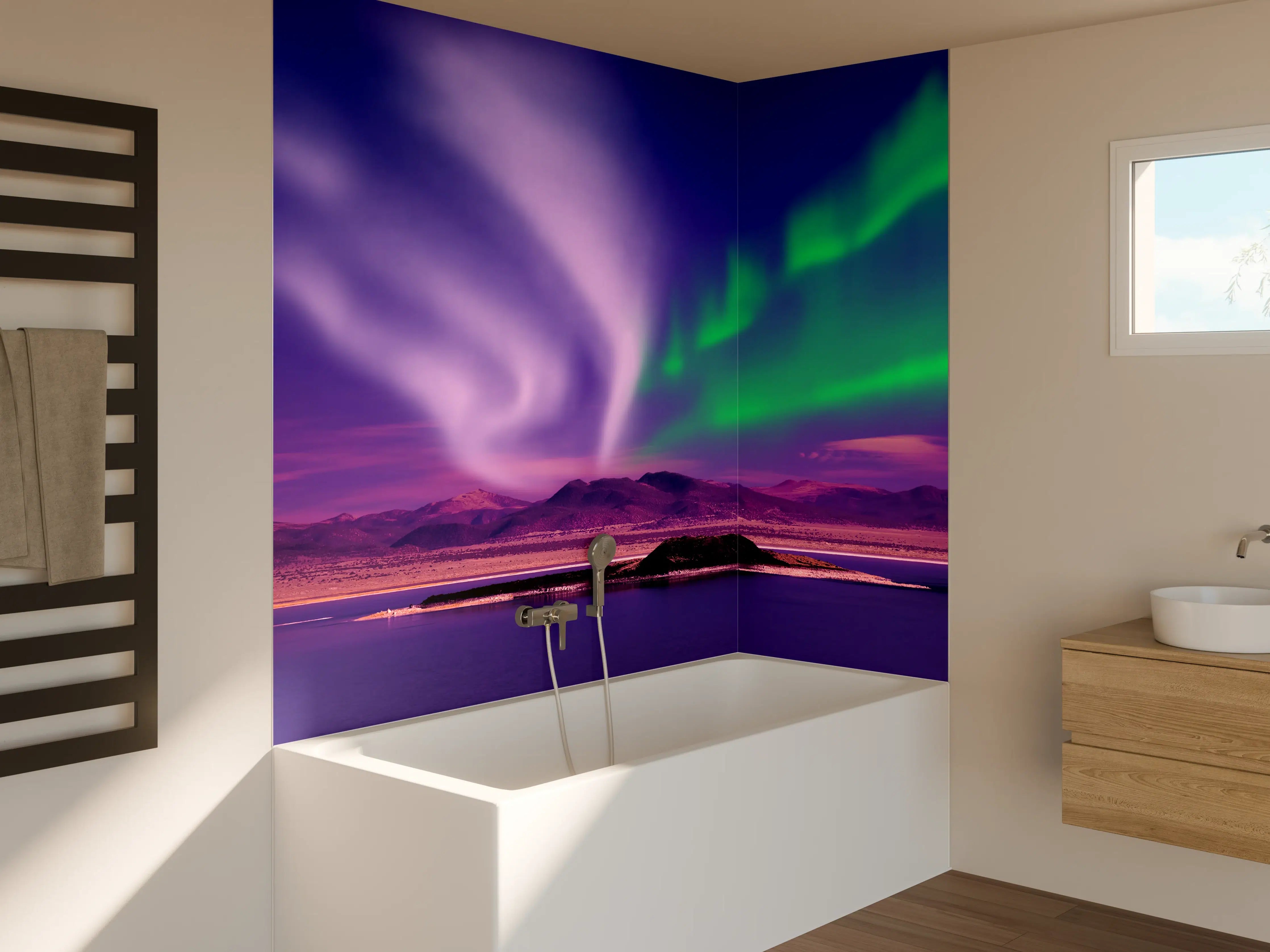 Badewannen-Rückwand - Nordlichter über Gebirgskette