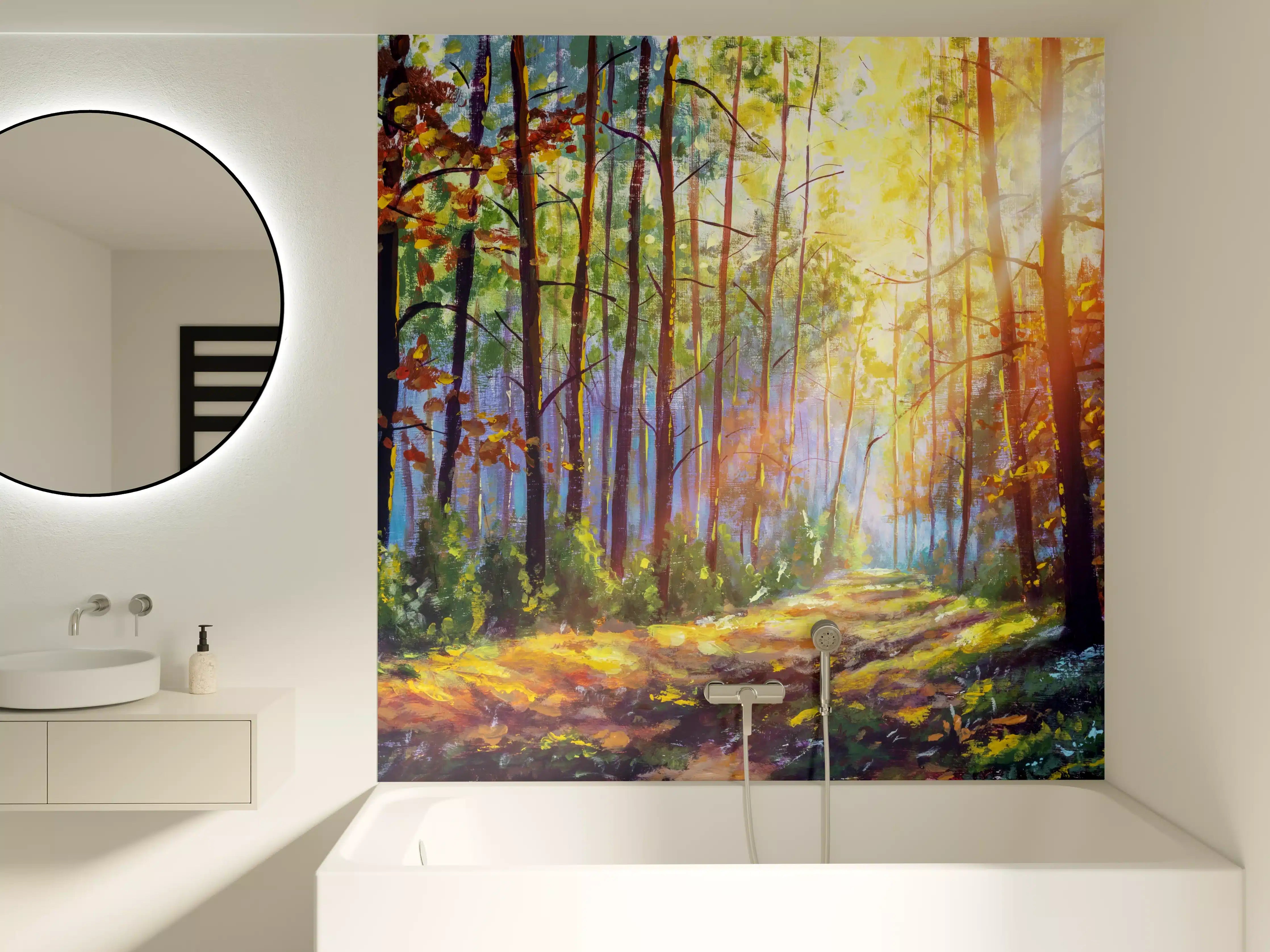 Badewannen-Rückwand - Ölgemälde lichterfüllter Wald im Herbst