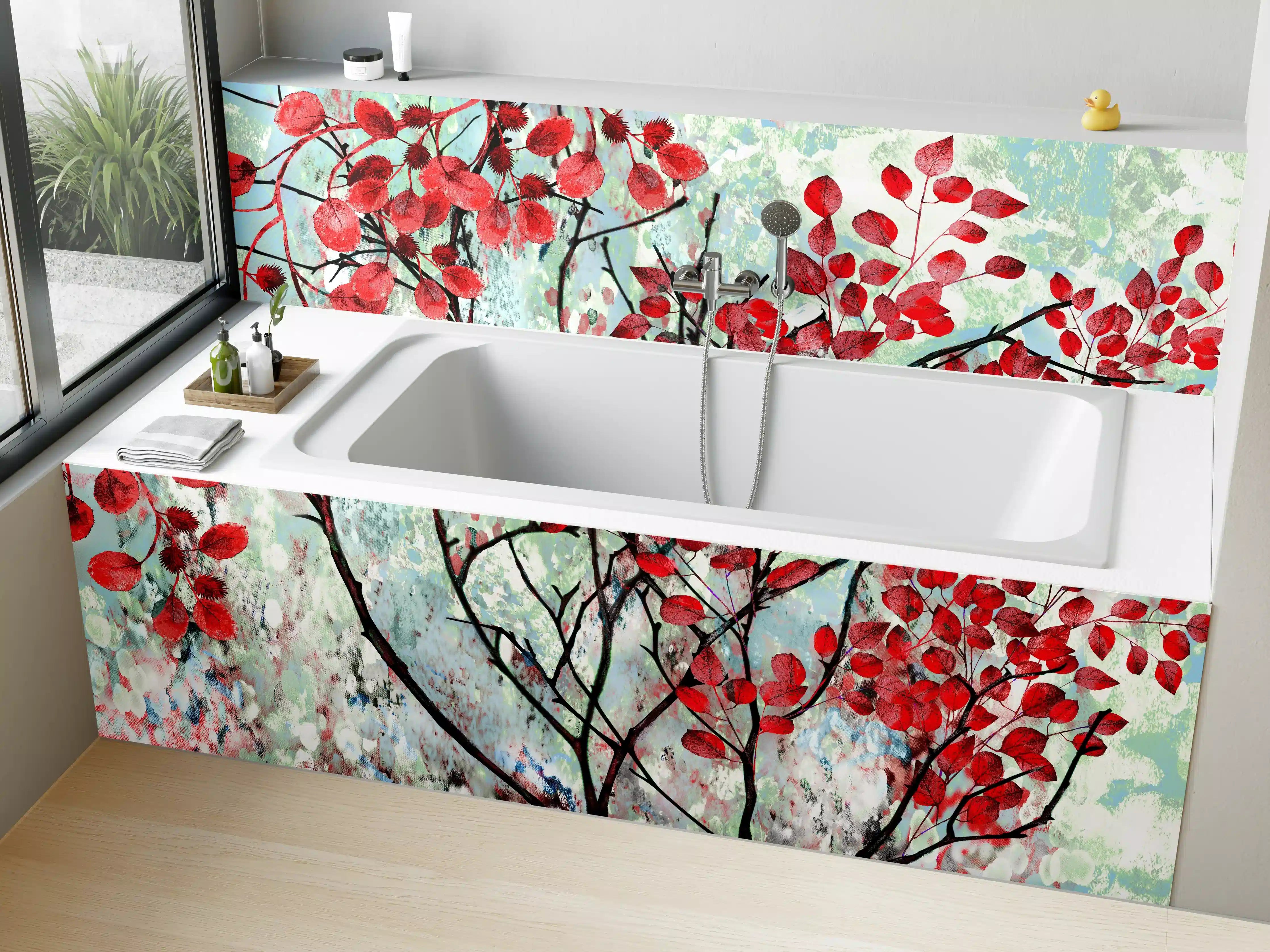 Badewannen-Rückwand - Ölmalerei von roten Blättern im Frühling