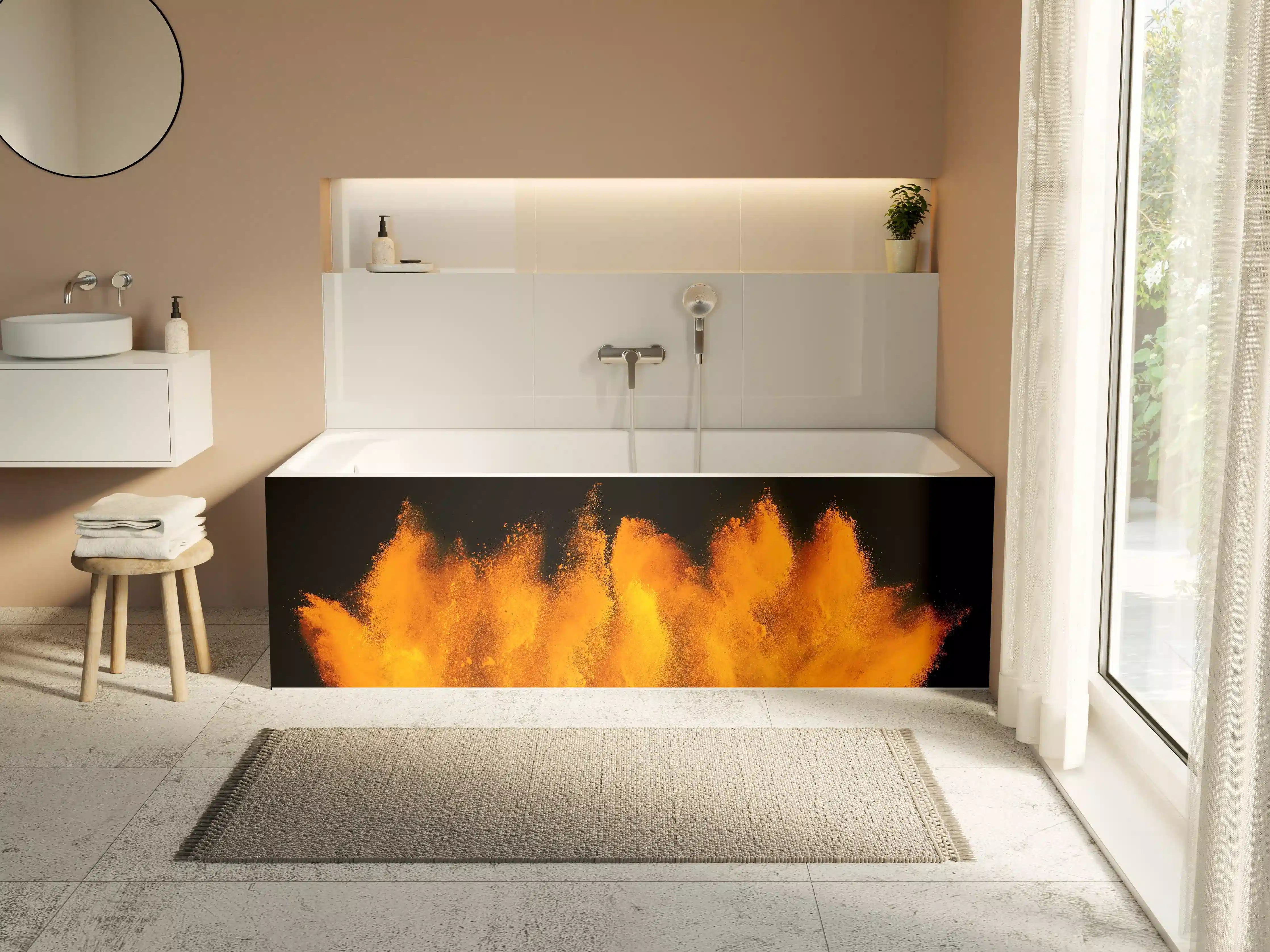 Badewannen-Rückwand - Orange-Rote Holi Farbexplosion