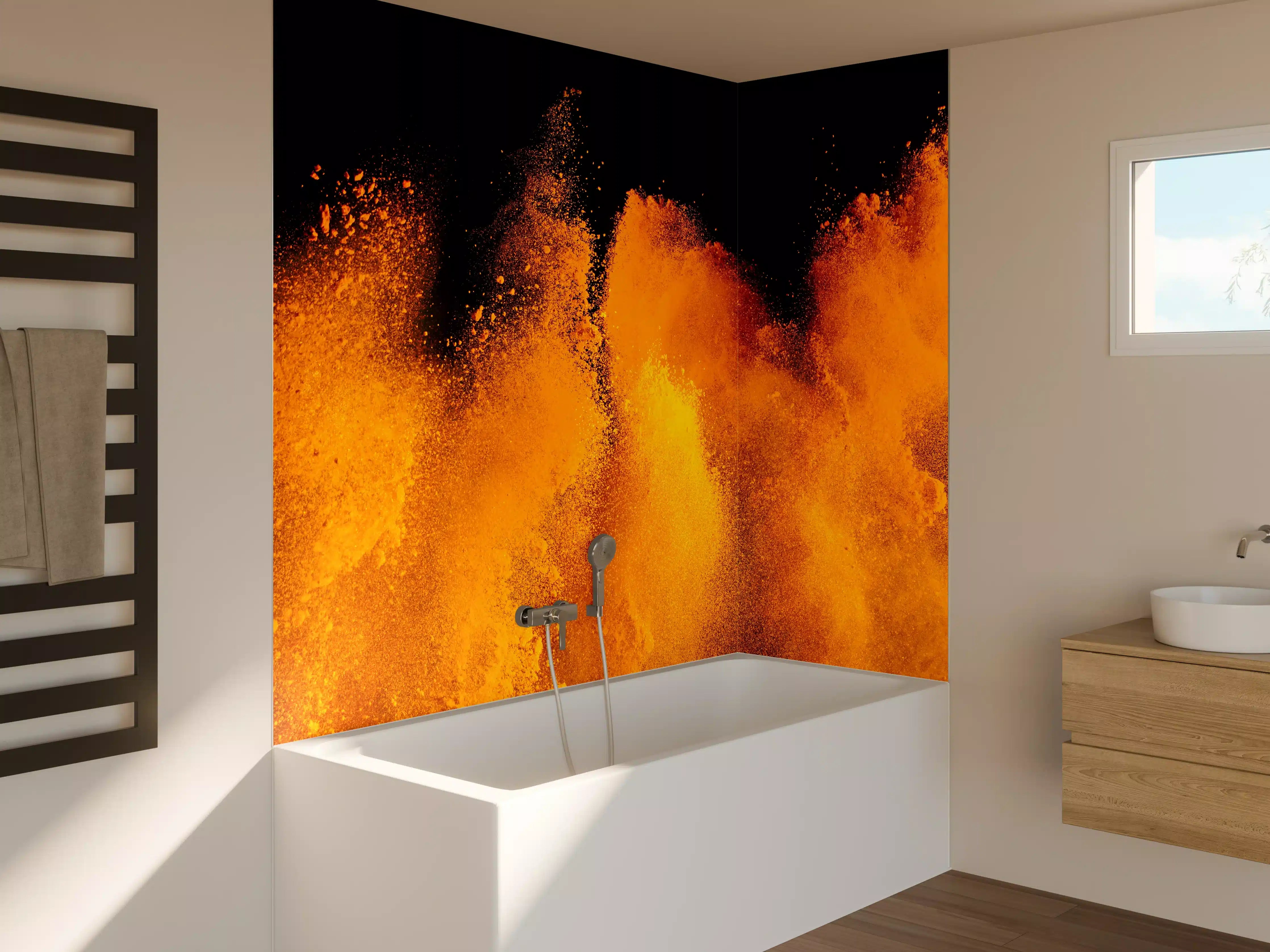 Badewannen-Rückwand - Orange-Rote Holi Farbexplosion
