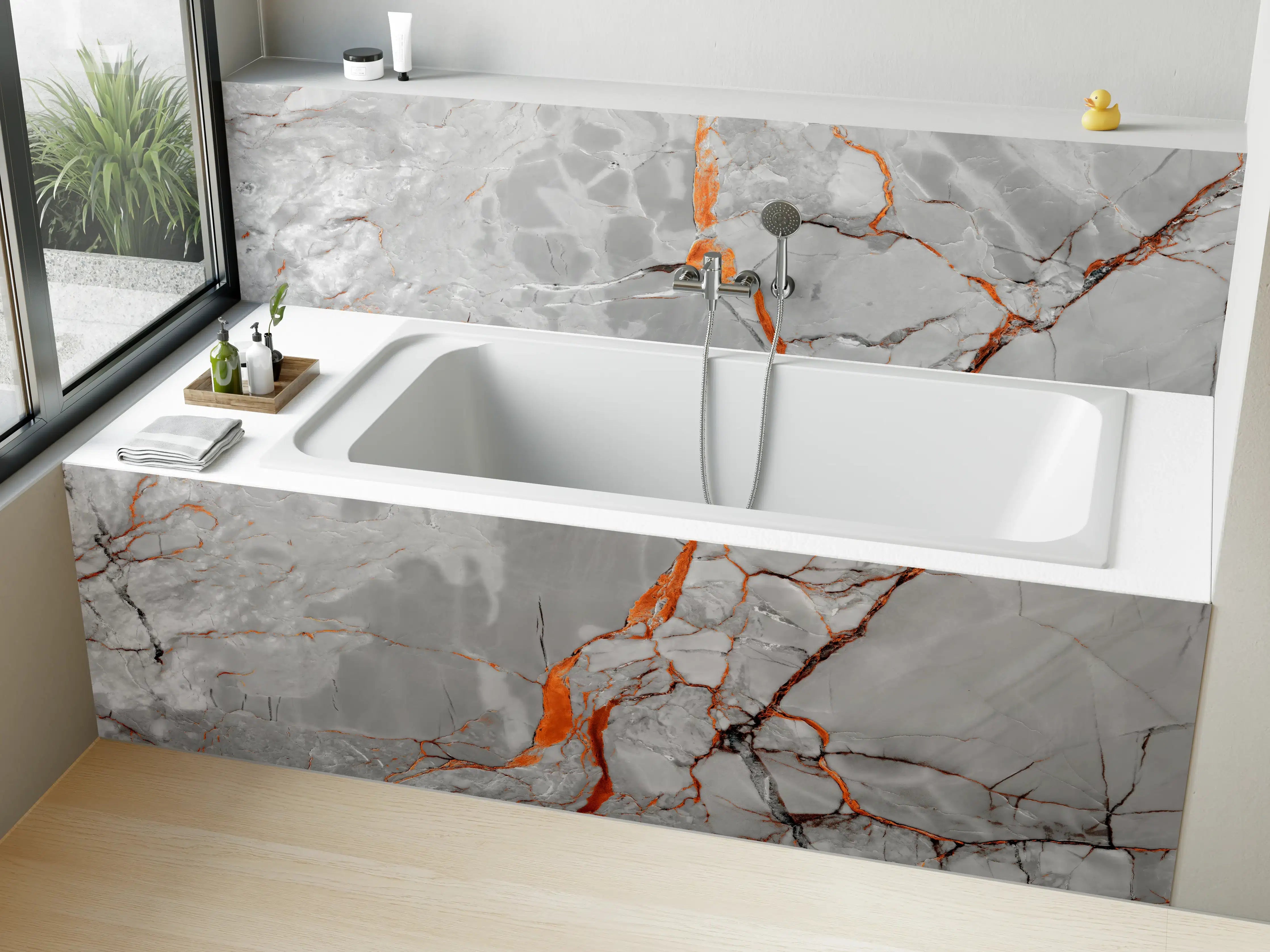 Badewannen-Rückwand - Orange-Weiß natürliche Marmortextur
