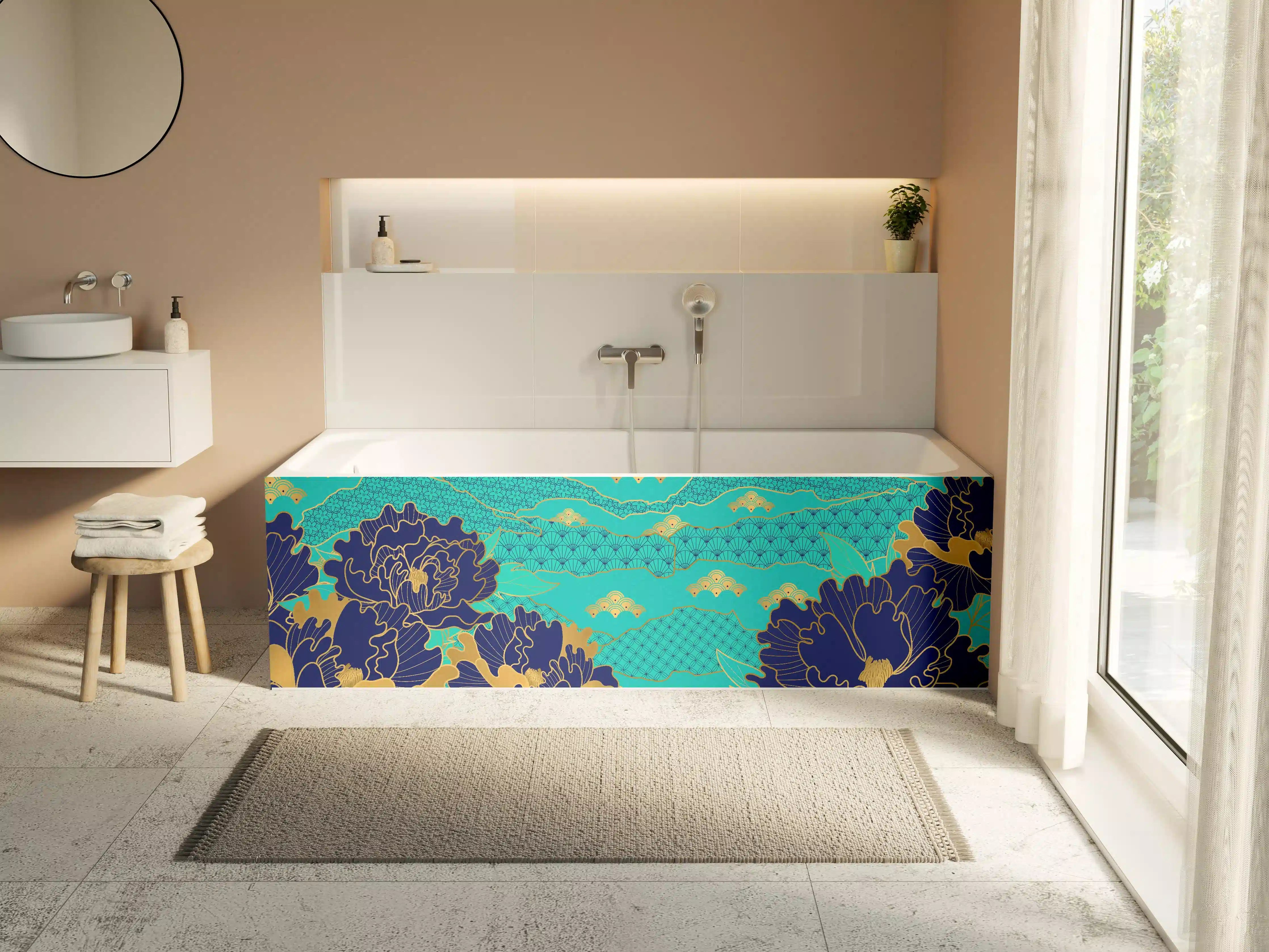 Badewannen-Rückwand - Orientalisch-Blauer Blumen-Digitaldruck