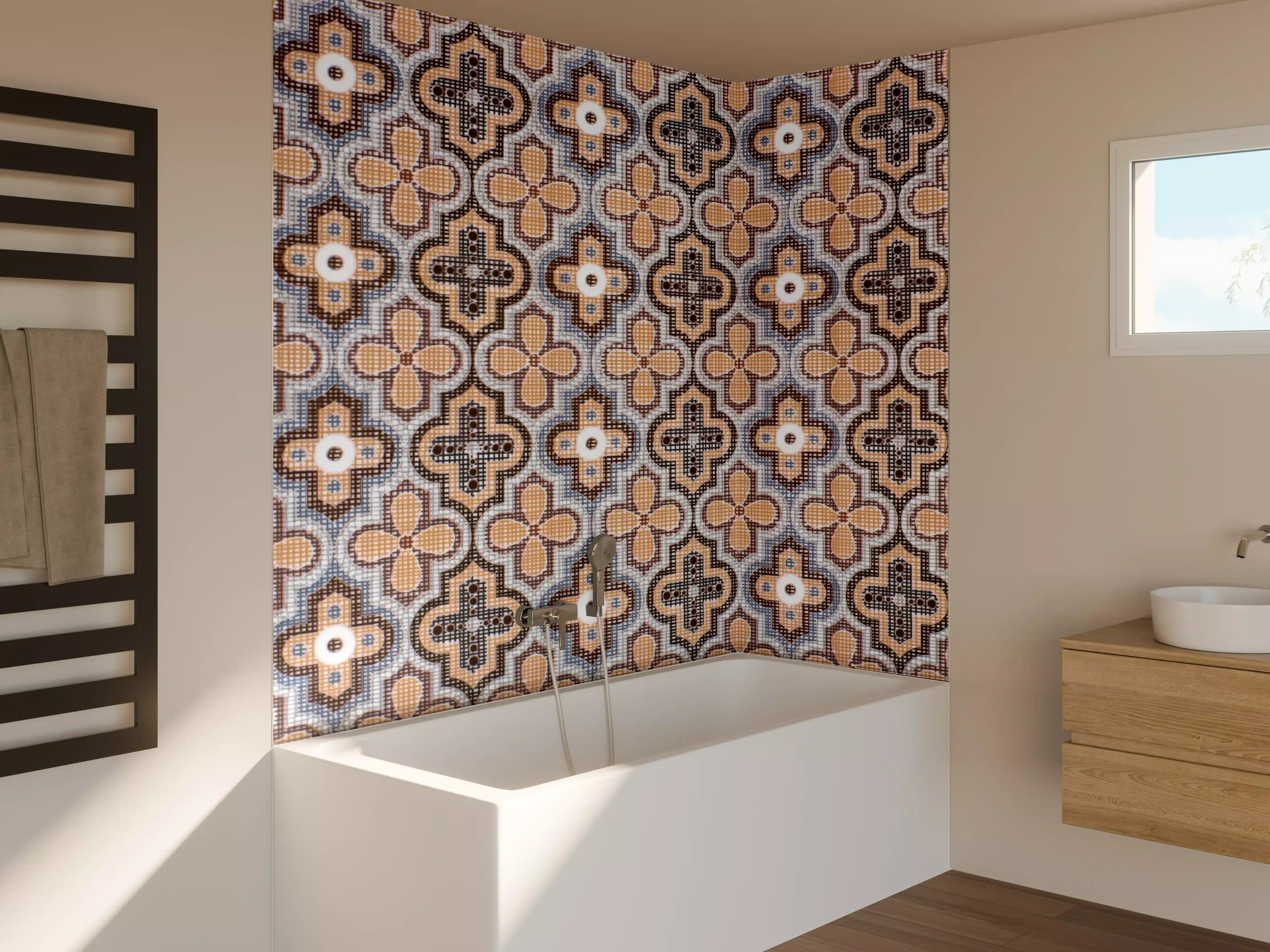 Badewannen-Rückwand - Ornamentale Beige-Muster-Fliesen