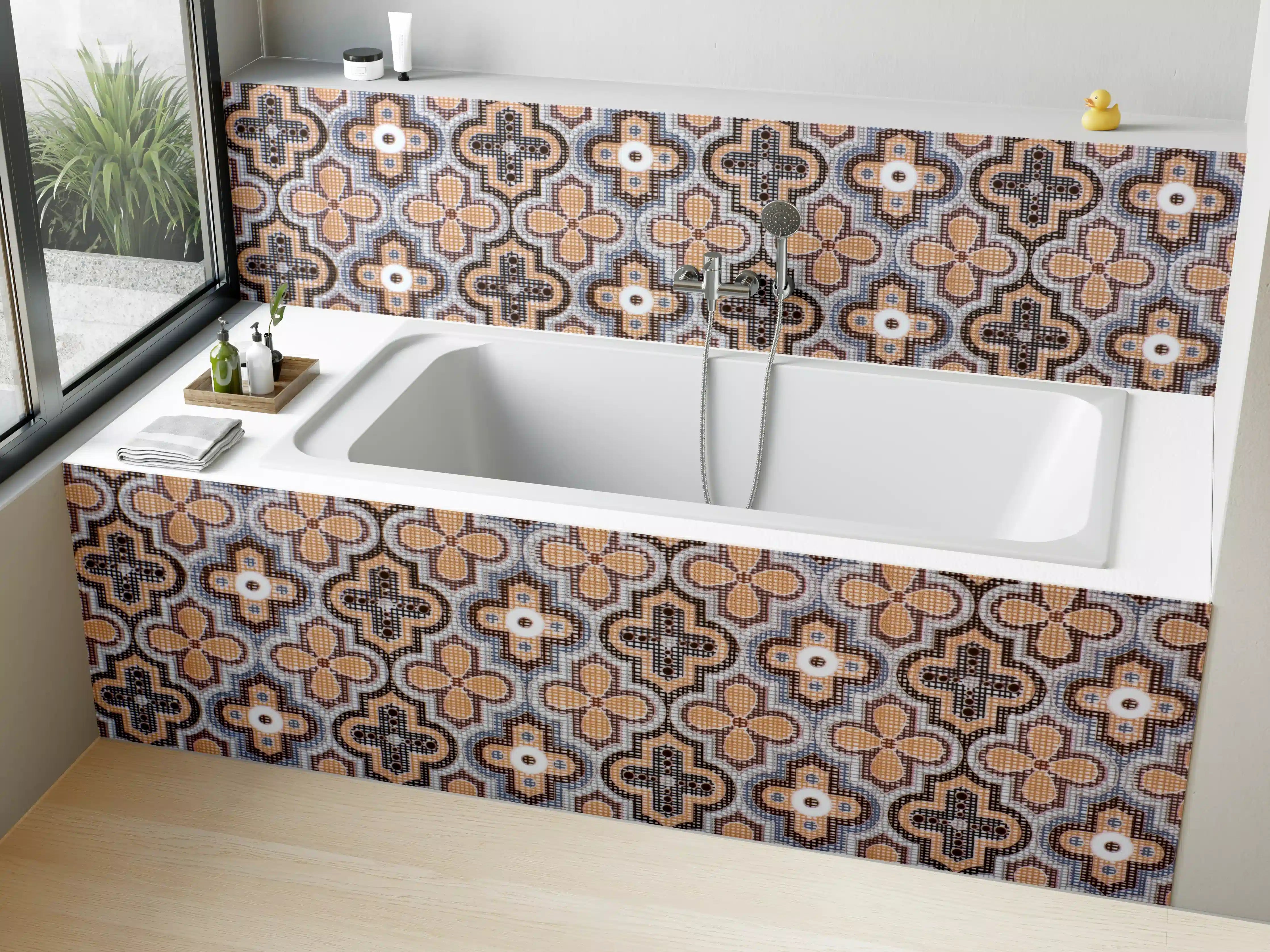 Badewannen-Rückwand - Ornamentale Beige-Muster-Fliesen