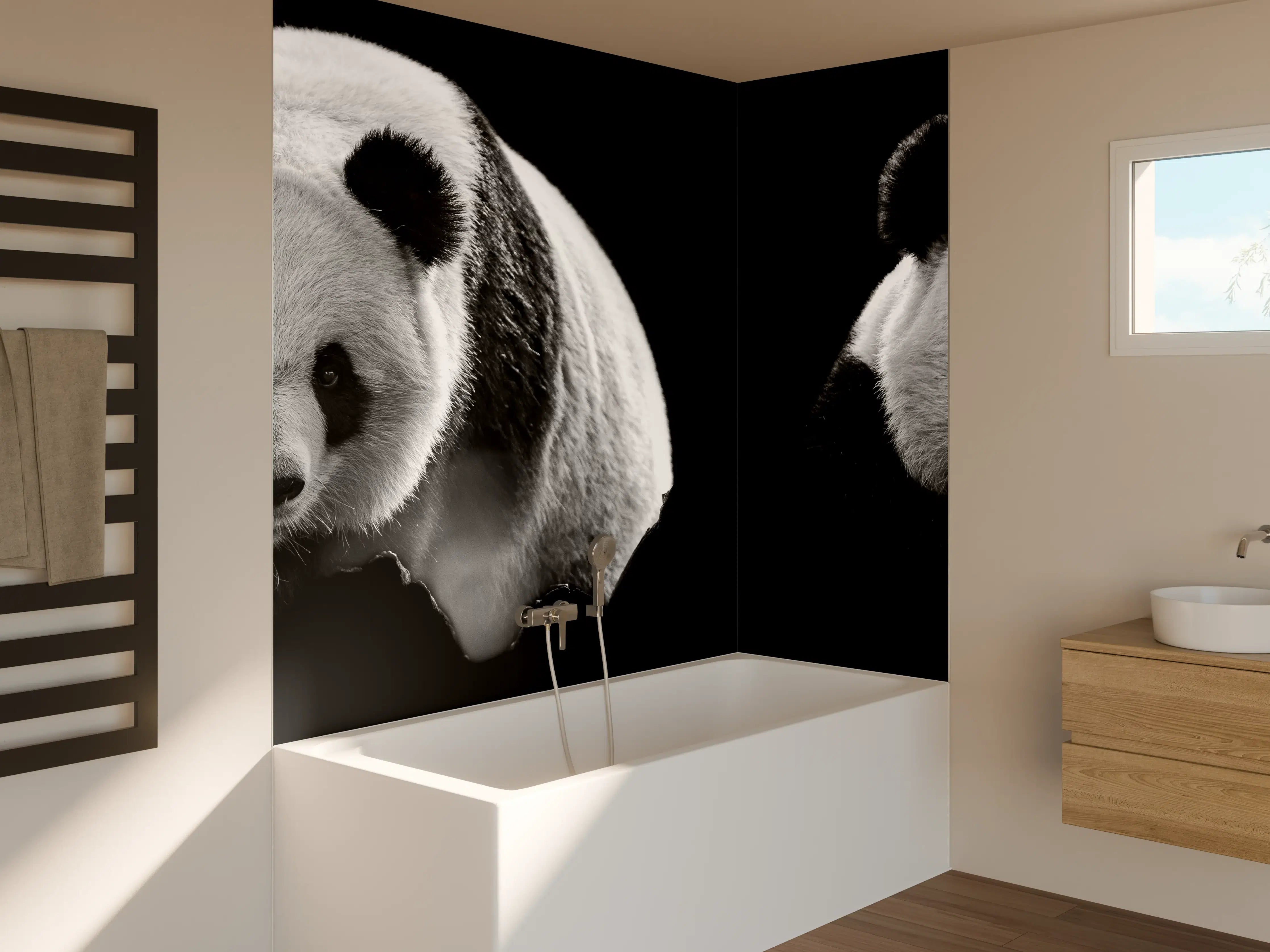 Badewannen-Rückwand - Panda mit schwarzem Hintergrund
