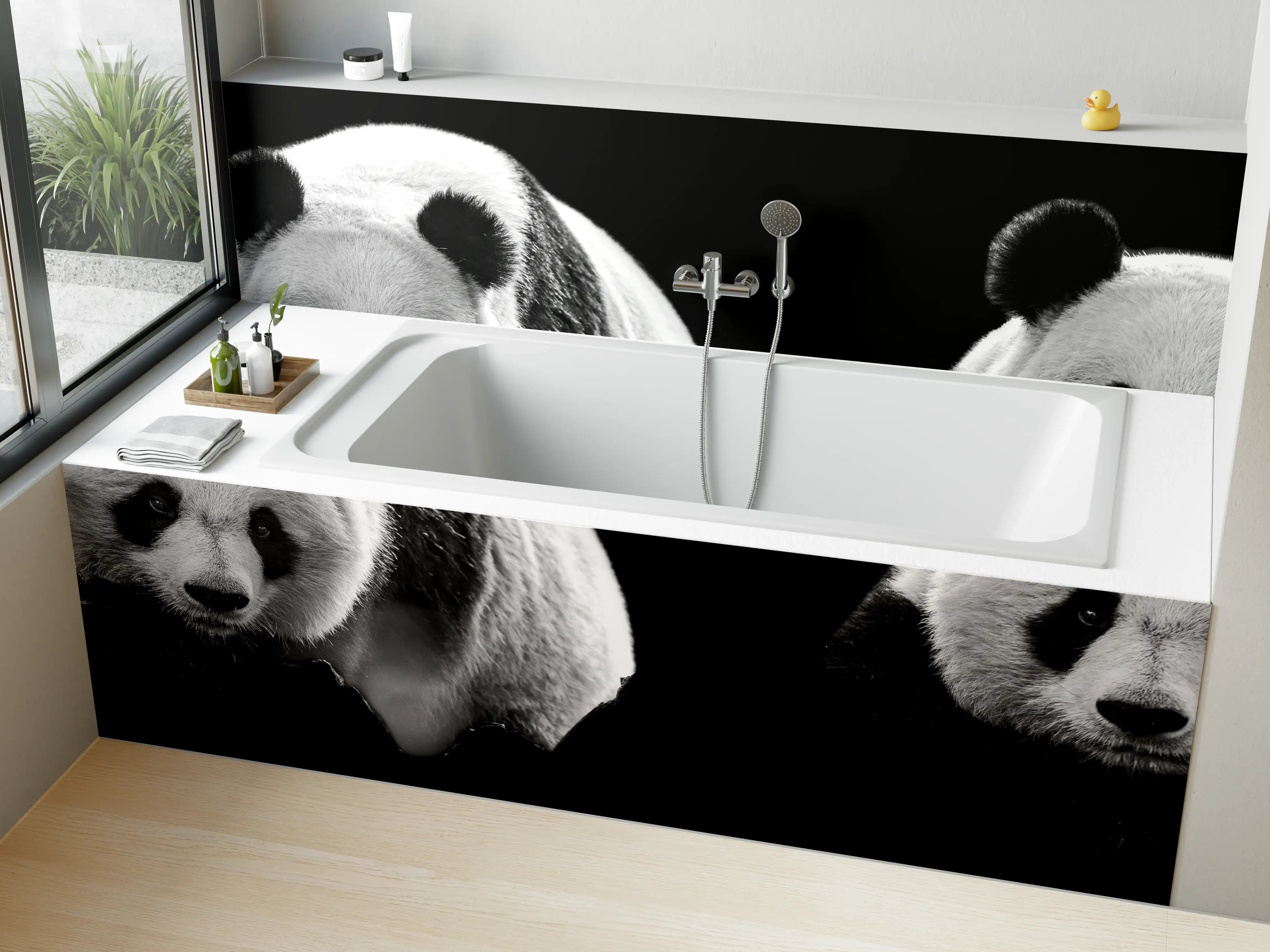 Badewannen-Rückwand - Panda mit schwarzem Hintergrund