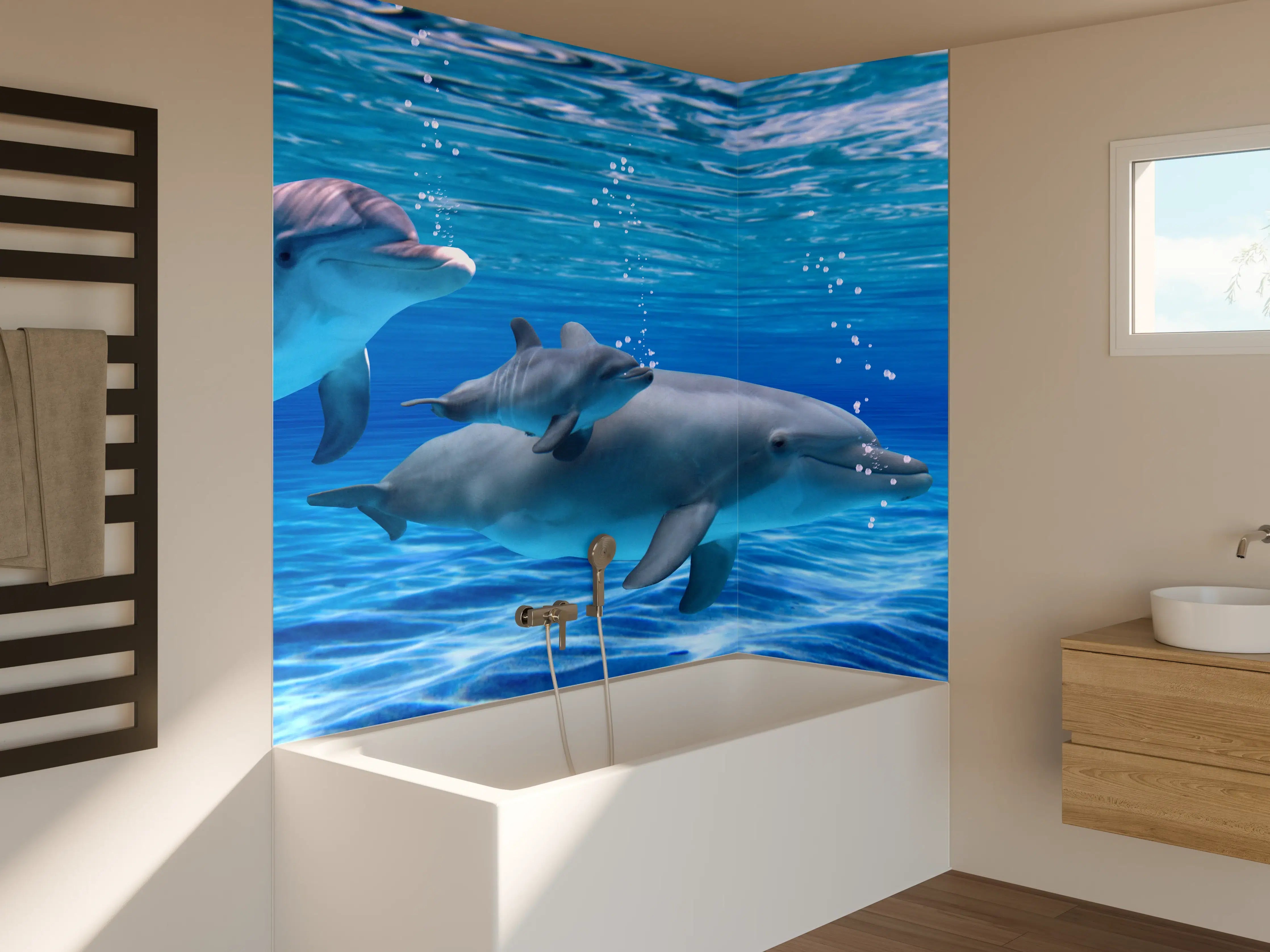 Badewannen-Rückwand - Panorama der schwimmenden Delphine