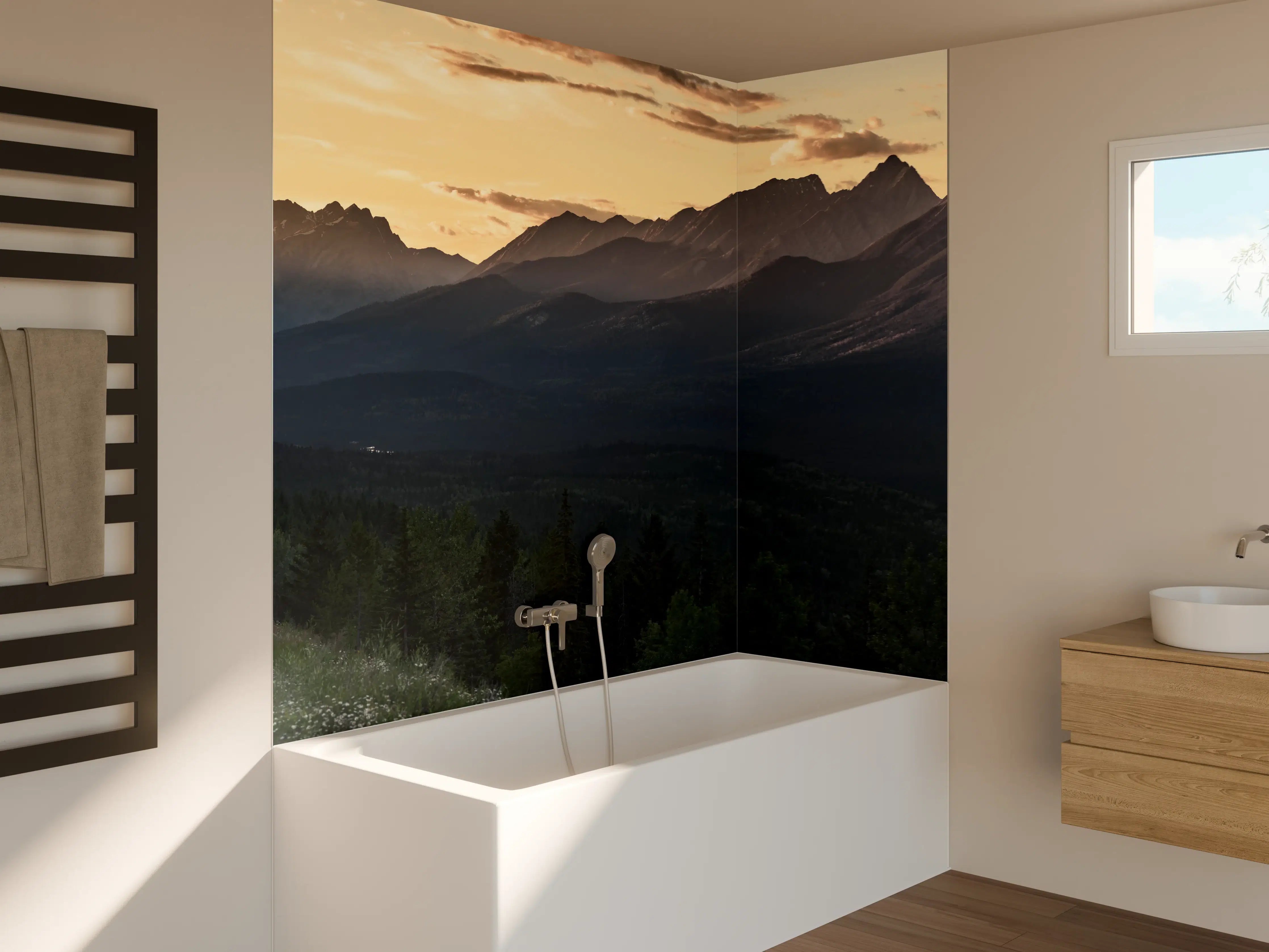 Badewannen-Rückwand - Panorama des Kooteney Valley bei Sonnenuntergang