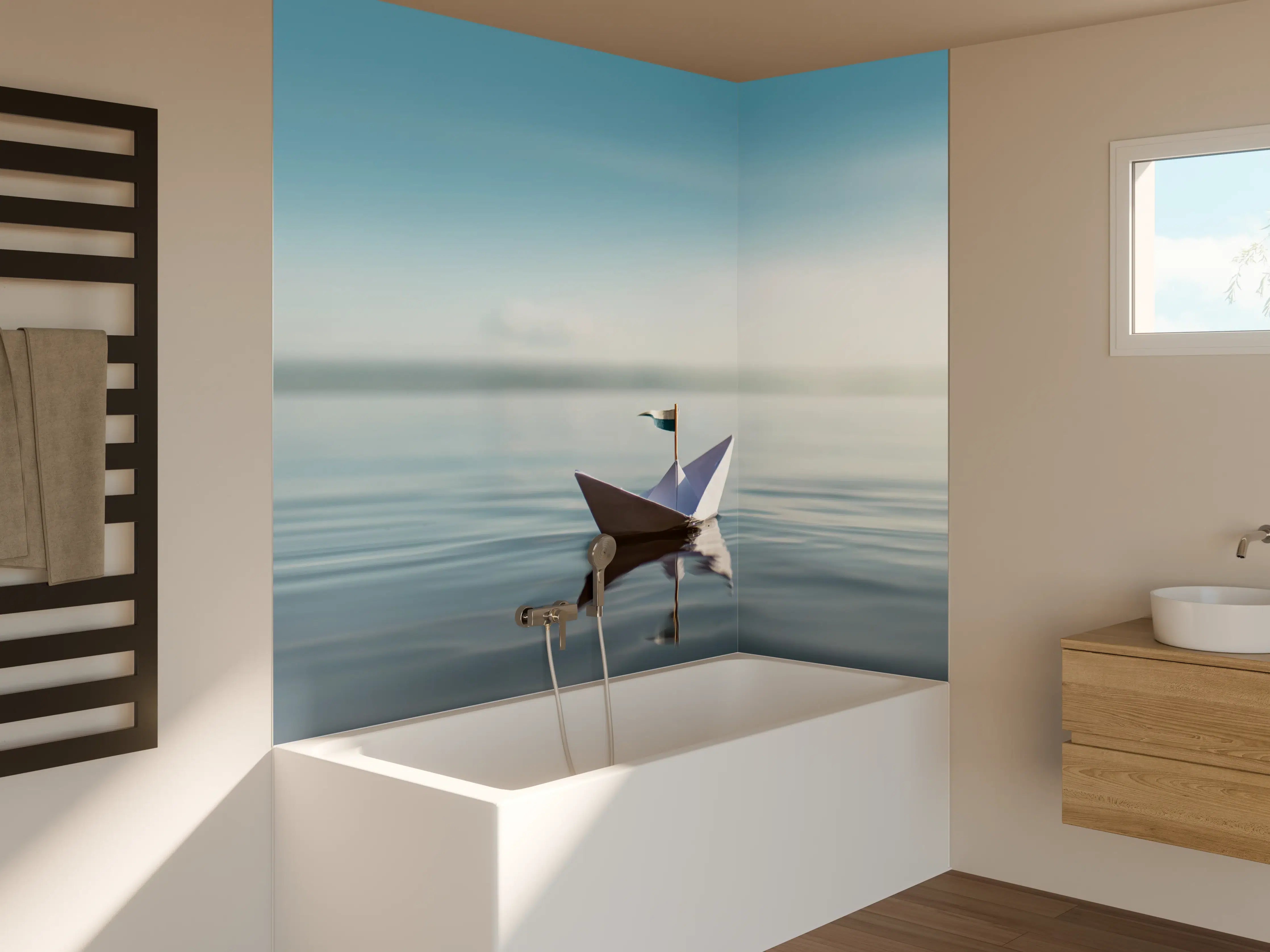 Badewannen-Rückwand - Papierboot auf ruhigem Meer