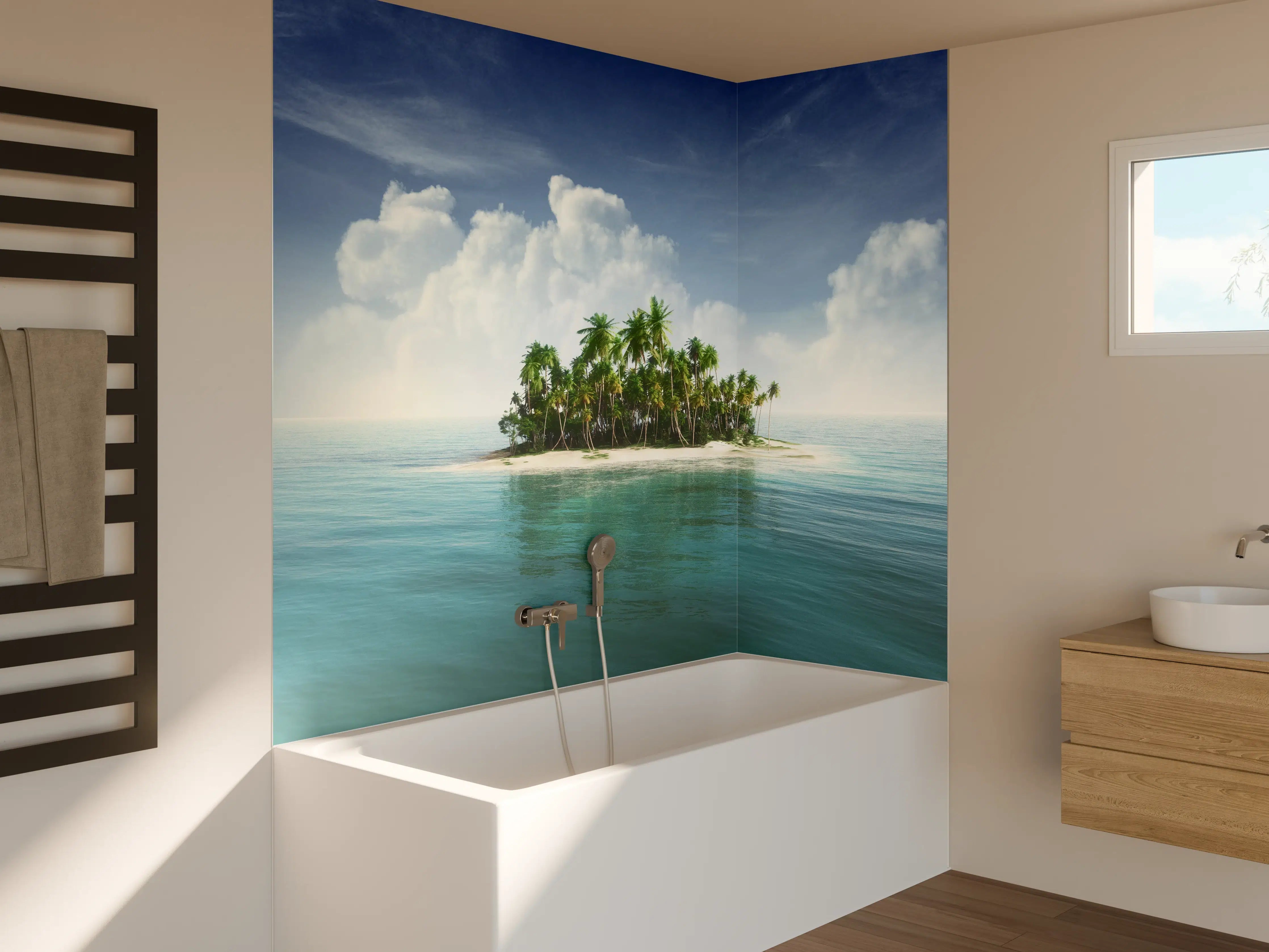 Badewannen-Rückwand - Paradiesinsel mit Palmen vor Himmel