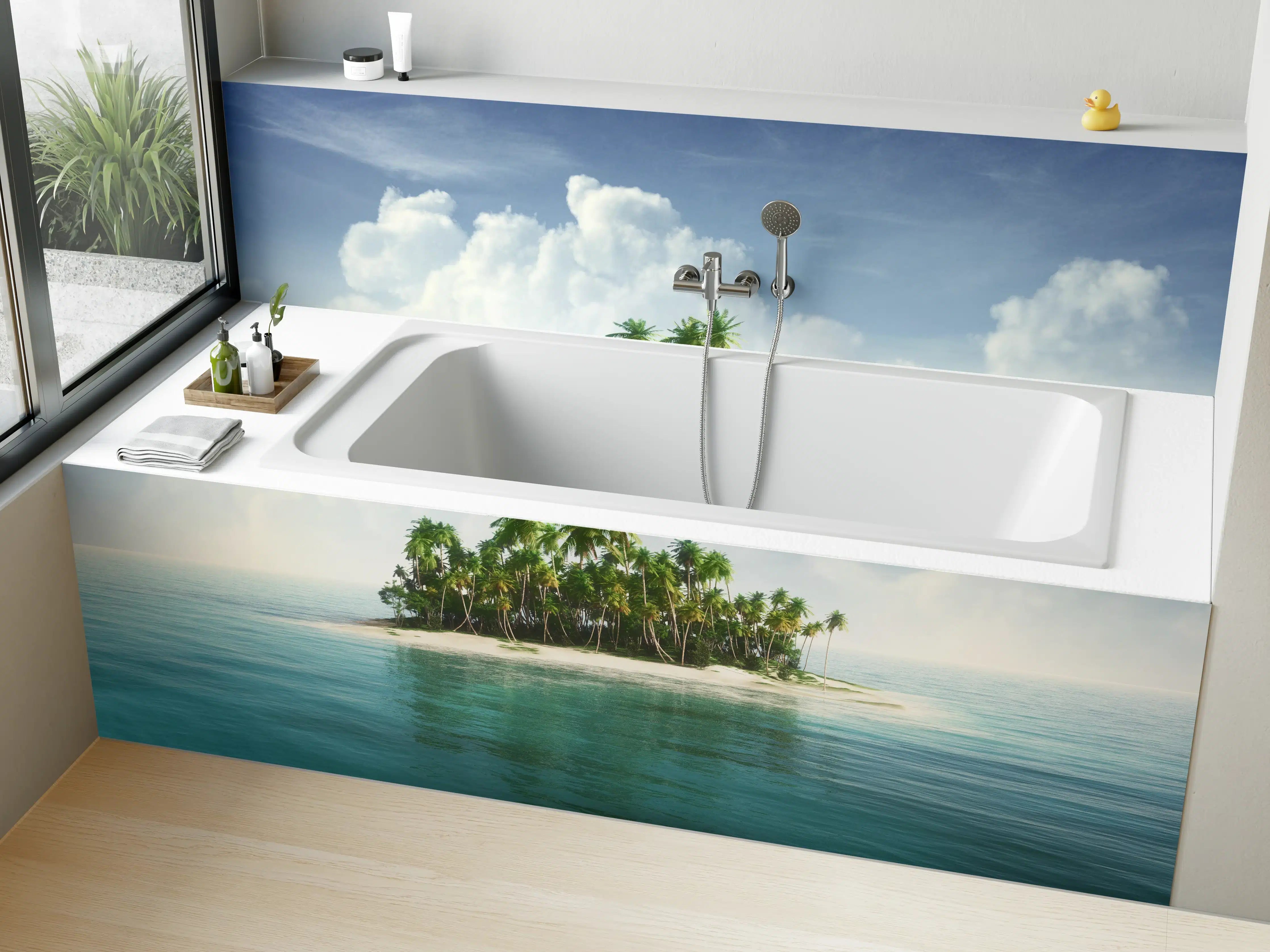 Badewannen-Rückwand - Paradiesinsel mit Palmen vor Himmel