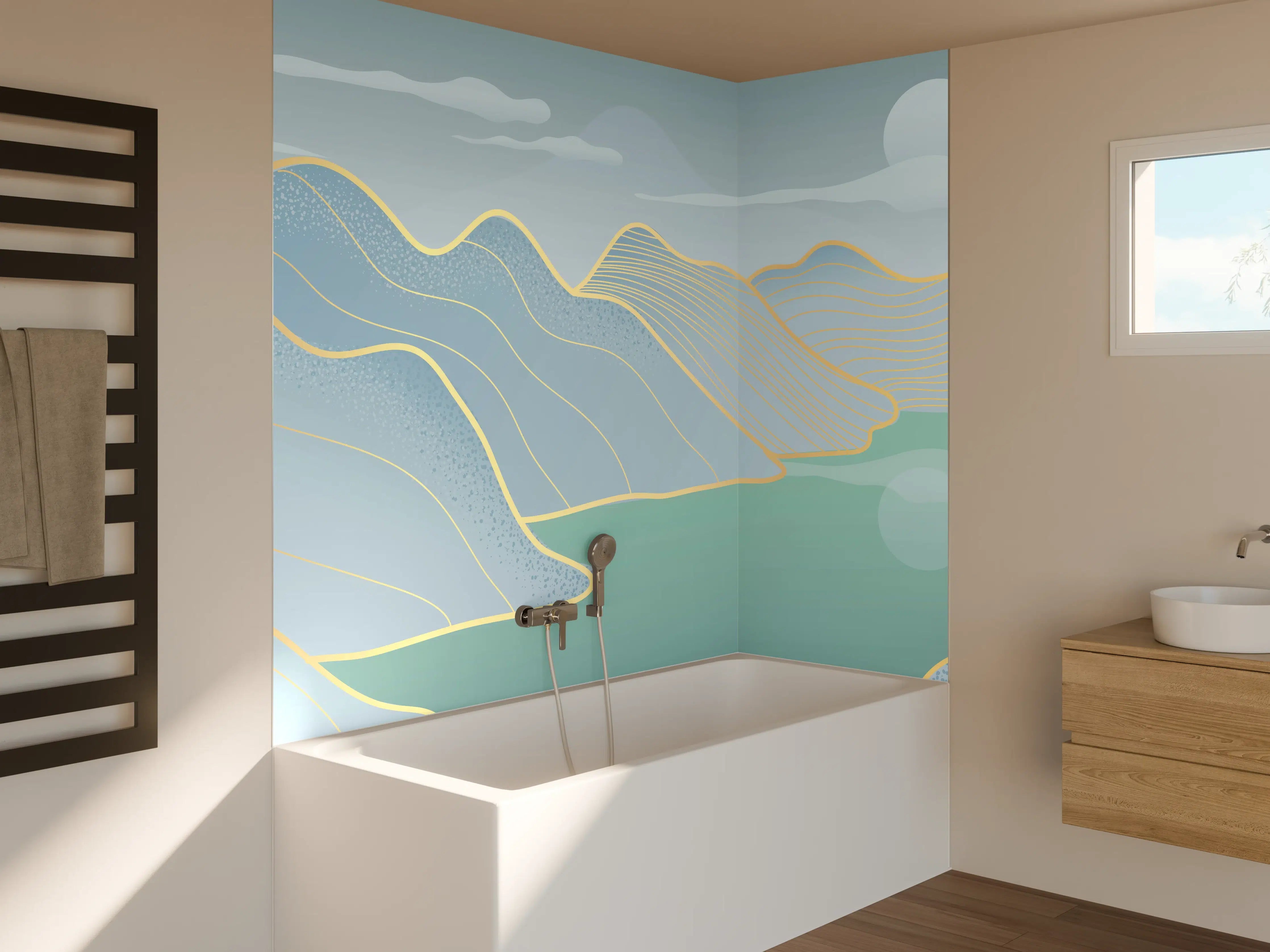 Badewannen-Rückwand - Pastell Berge und See Panorama