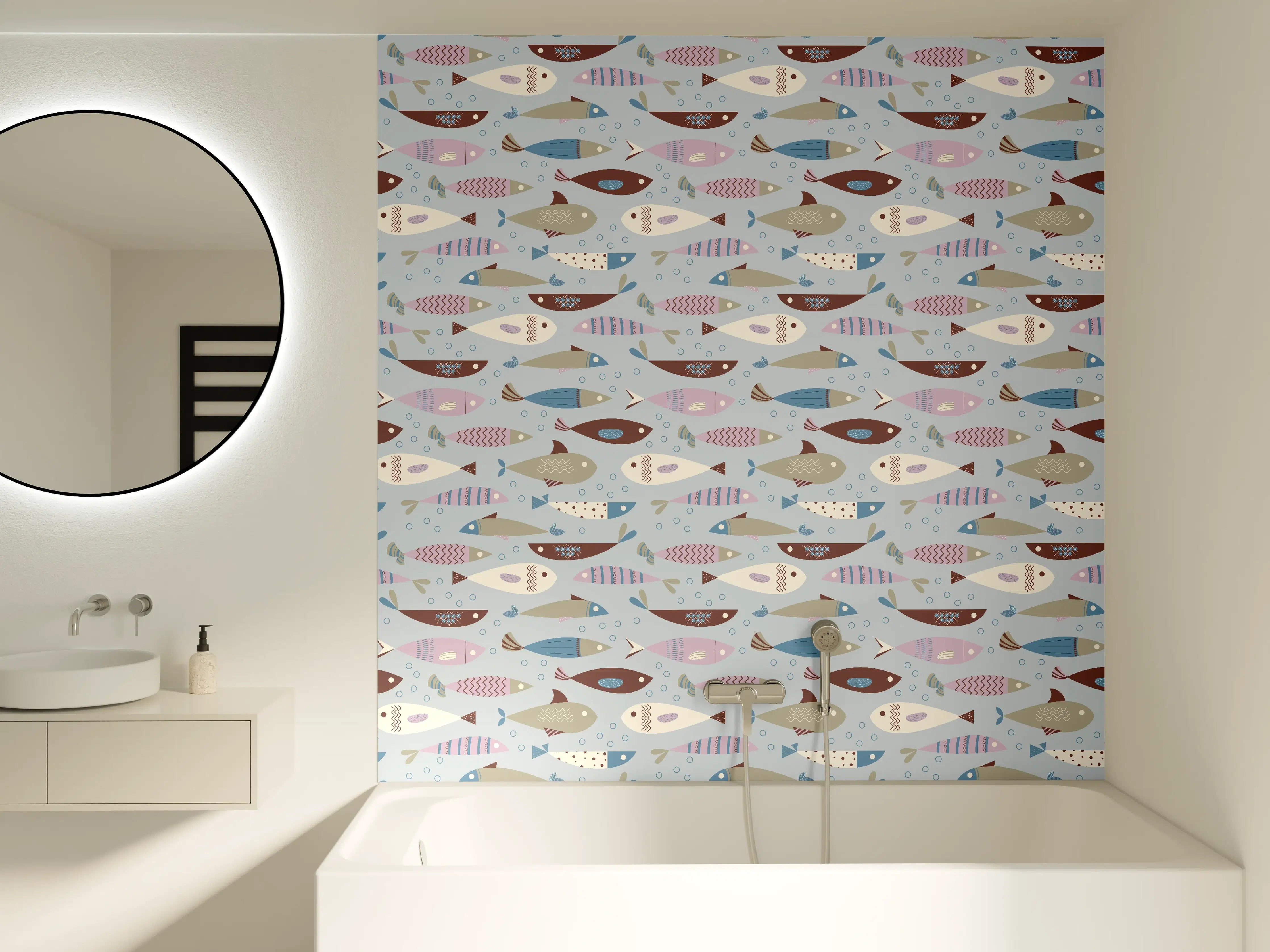 Badewannen-Rückwand - Pastell-Fischmuster Blau Beige