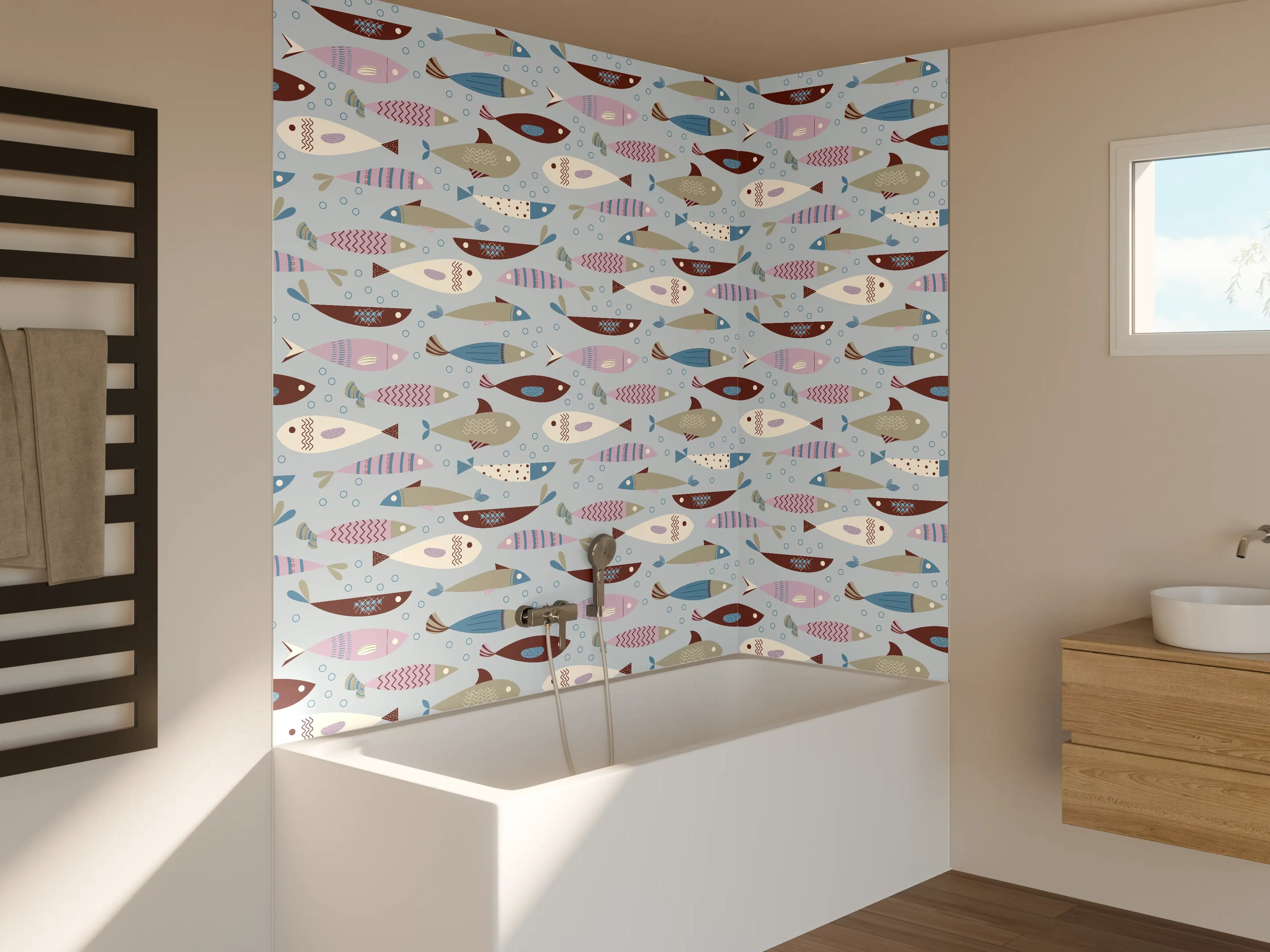 Badewannen-Rückwand - Pastell-Fischmuster Blau Beige