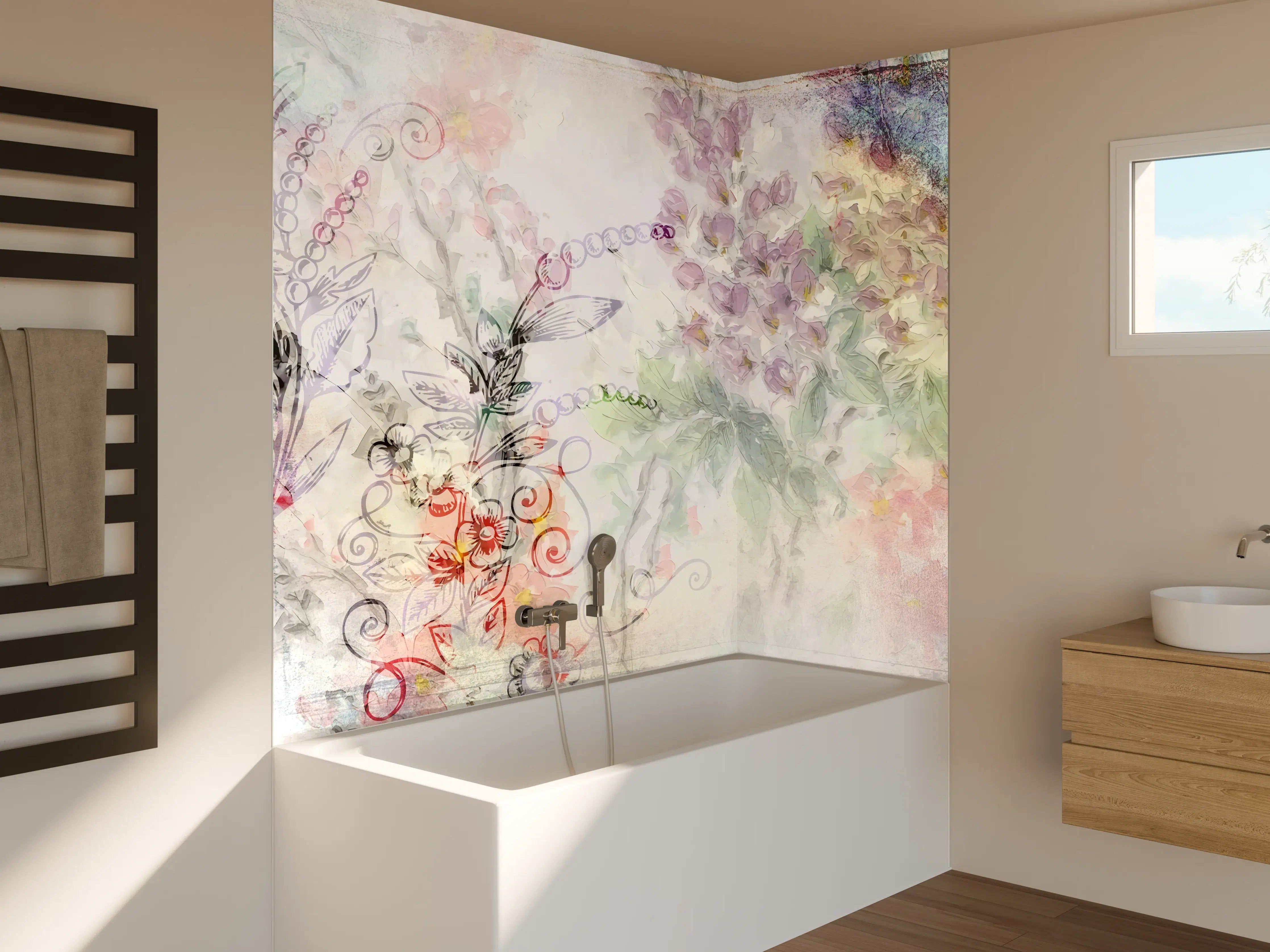 Badewannen-Rückwand - Pastellfarbene Blumenillustration