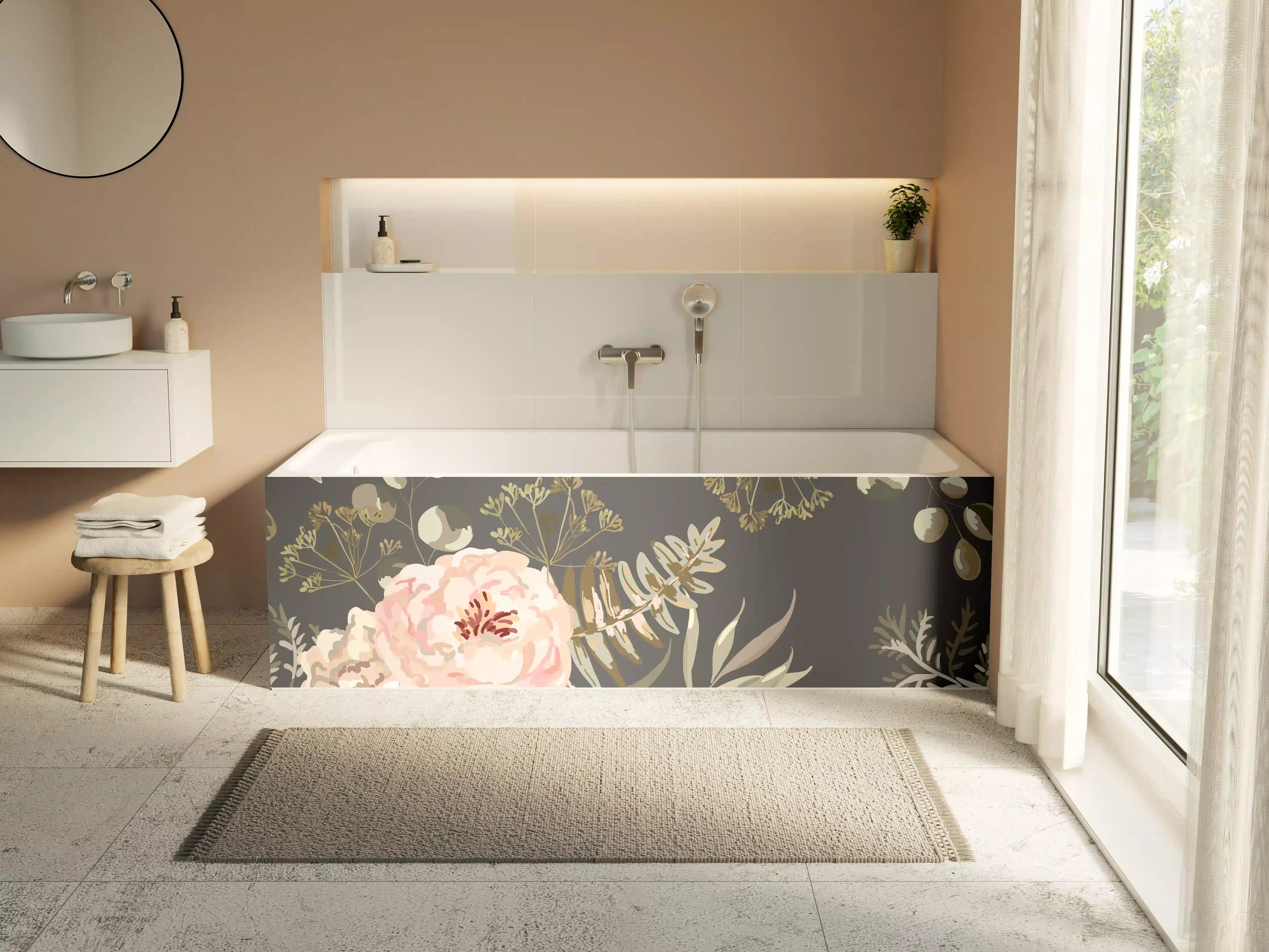 Badewannen-Rückwand - Pastellfarbene Blumenillustration mit zarten Grautönen