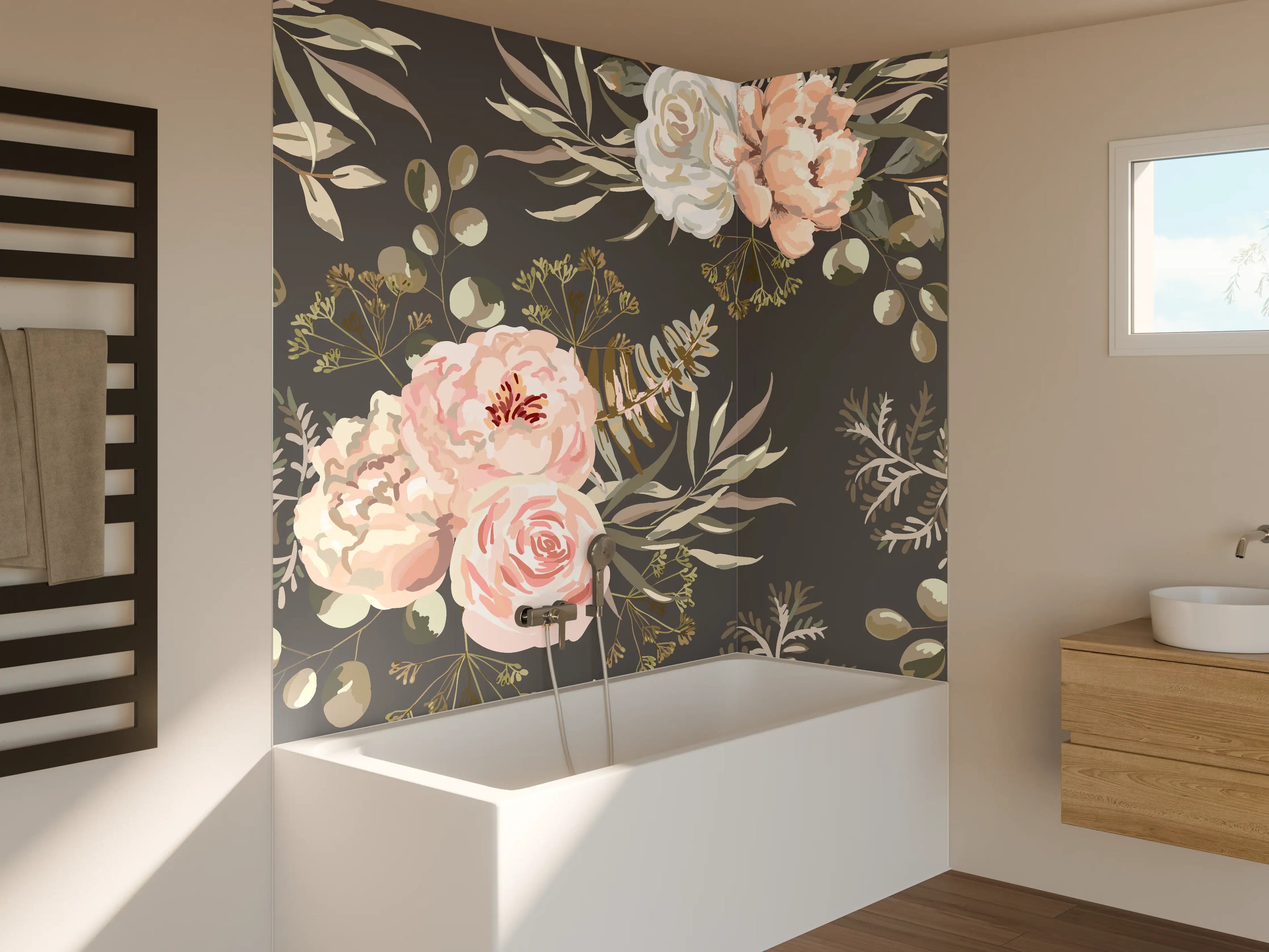 Badewannen-Rückwand - Pastellfarbene Blumenillustration mit zarten Grautönen