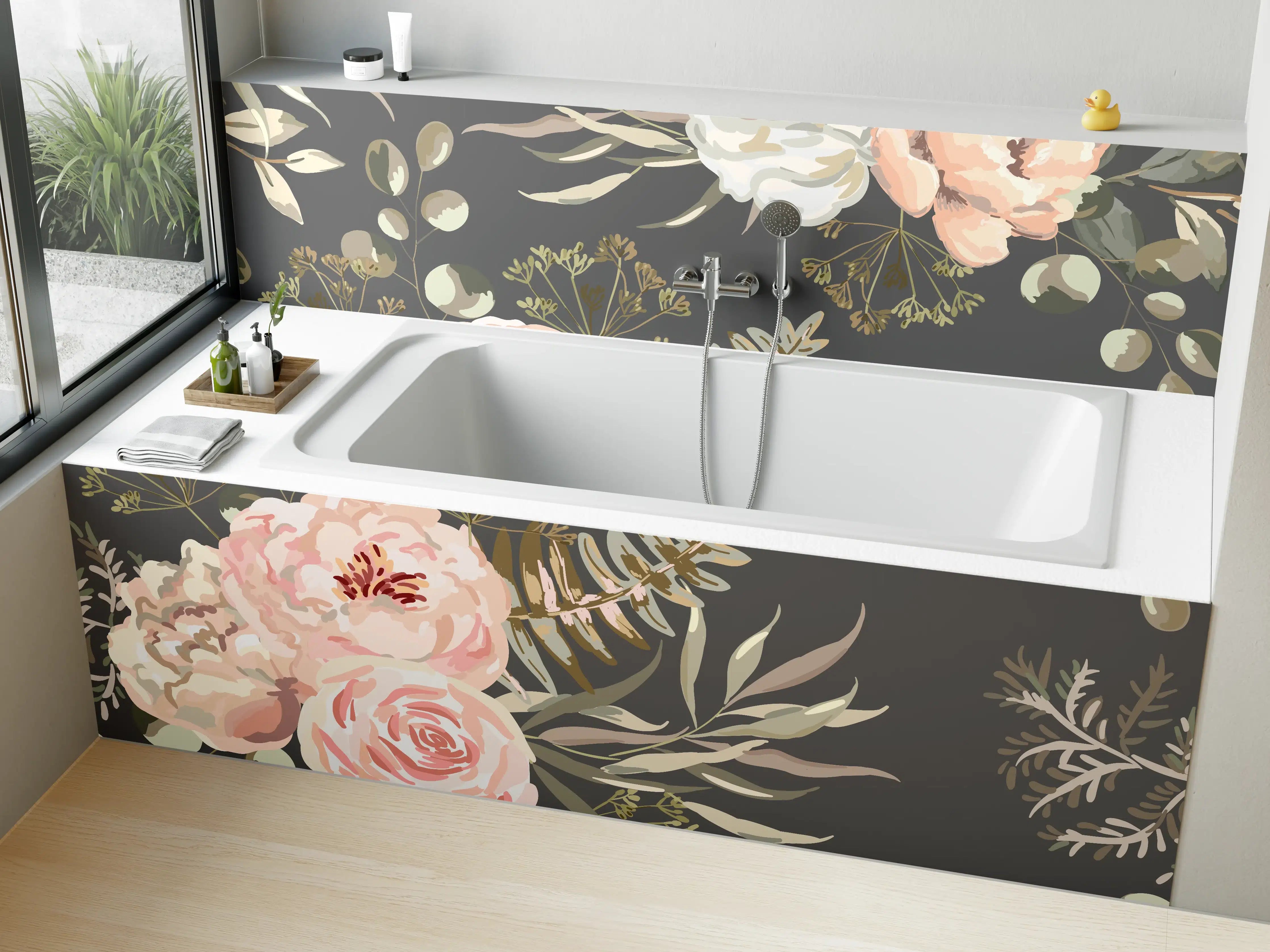 Badewannen-Rückwand - Pastellfarbene Blumenillustration mit zarten Grautönen