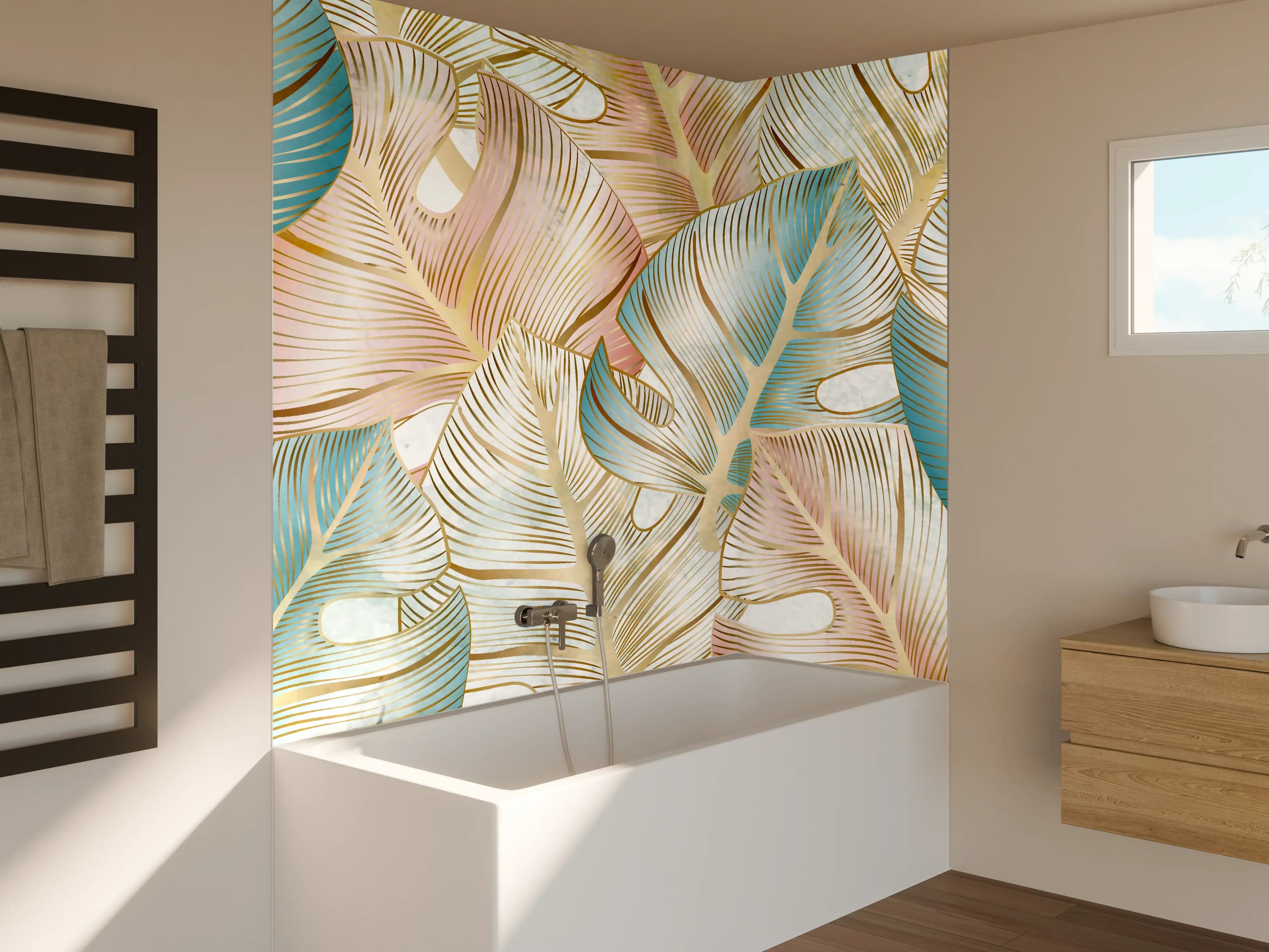 Badewannen-Rückwand - Pastellfarbenes Blattmuster Design
