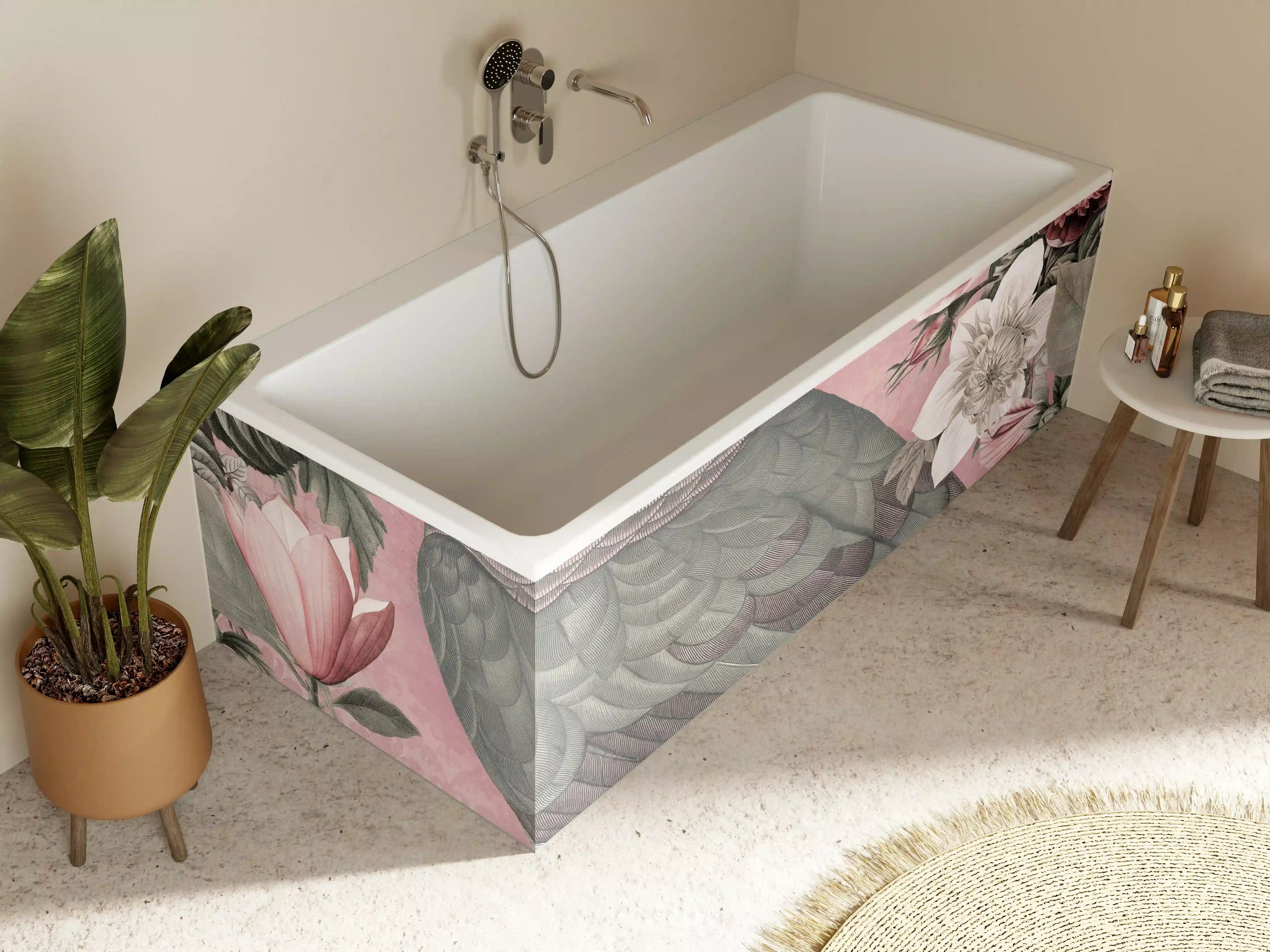 Badewannen-Rückwand - Pastellrosa Papagei Flora