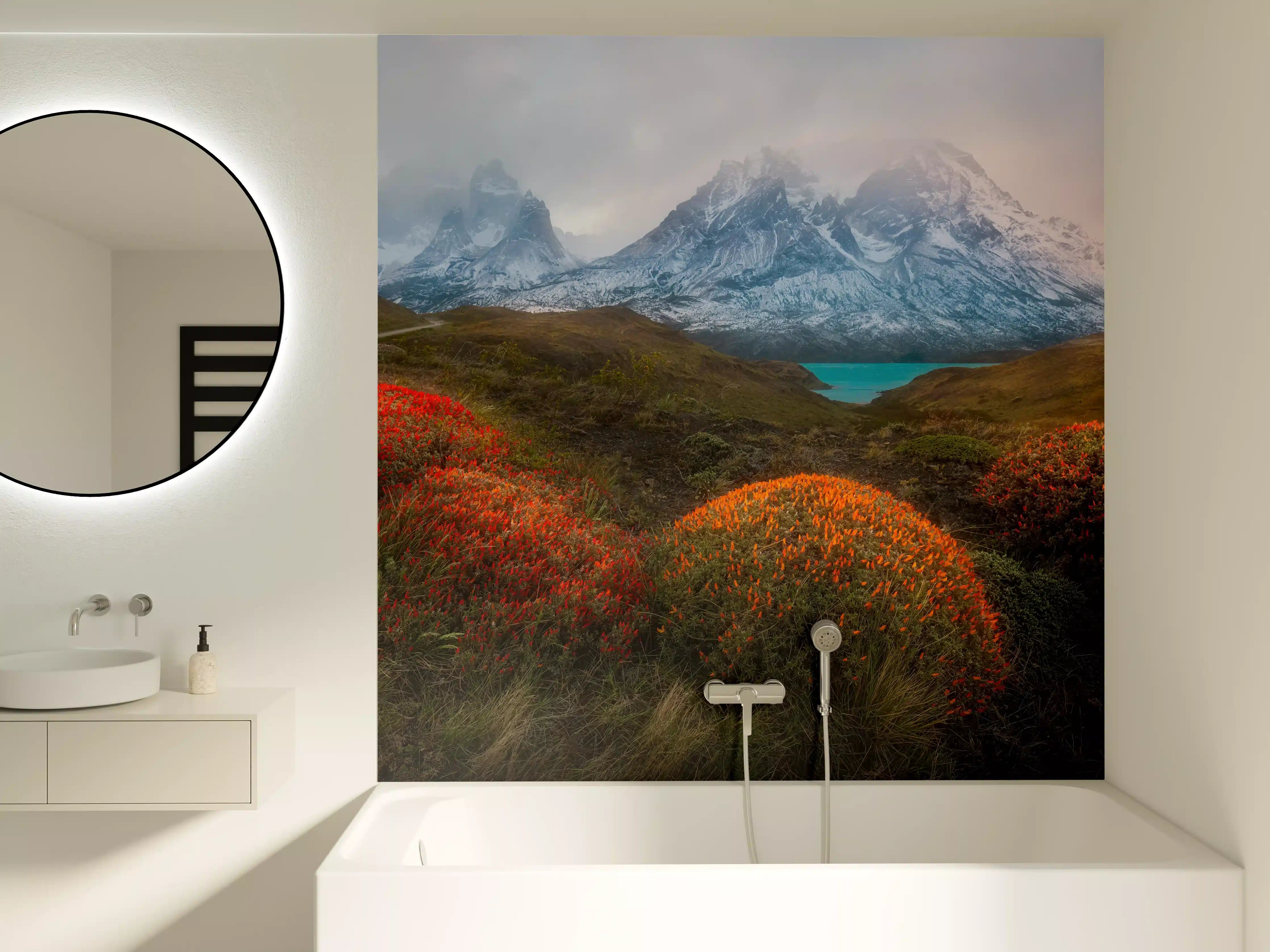 Badewannen-Rückwand - Patagonia Bergpanorama im Frühling