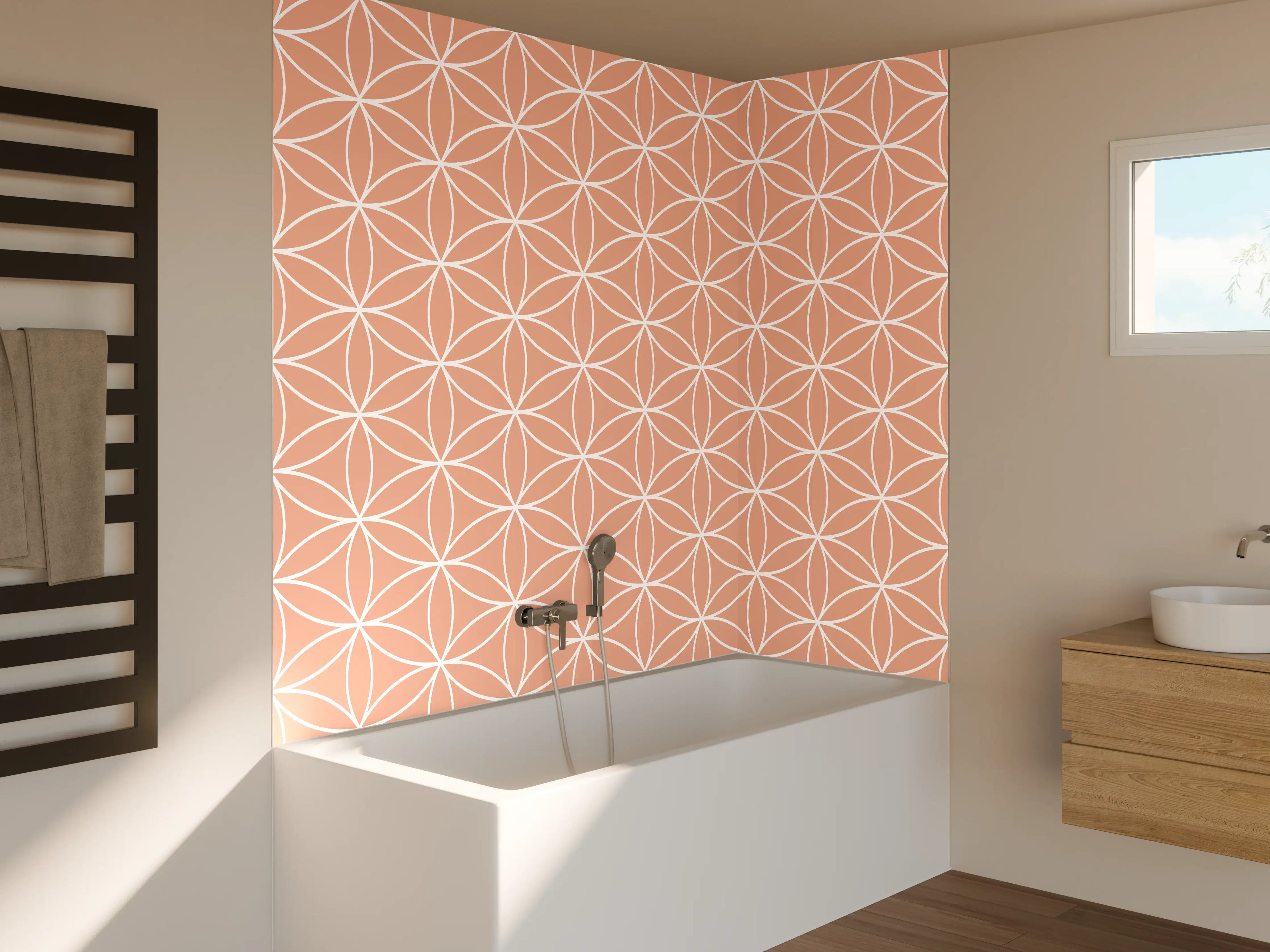 Badewannen-Rückwand - Peachfarbene geometrische Muster mit feinen Linien
