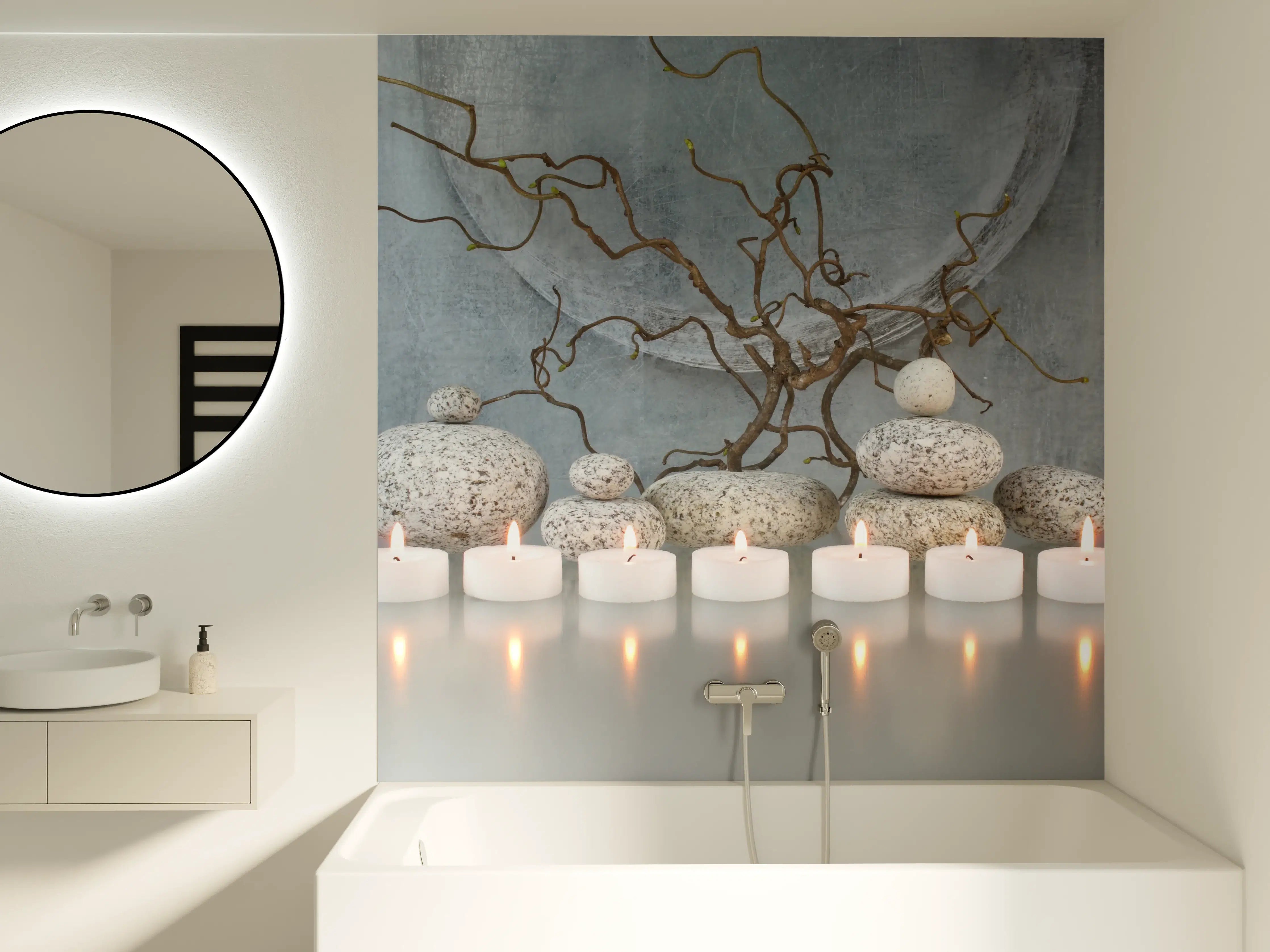 Badewannen-Rückwand - Peppiges, warmlichtiges Kerzenarrangement mit Naturdekoration