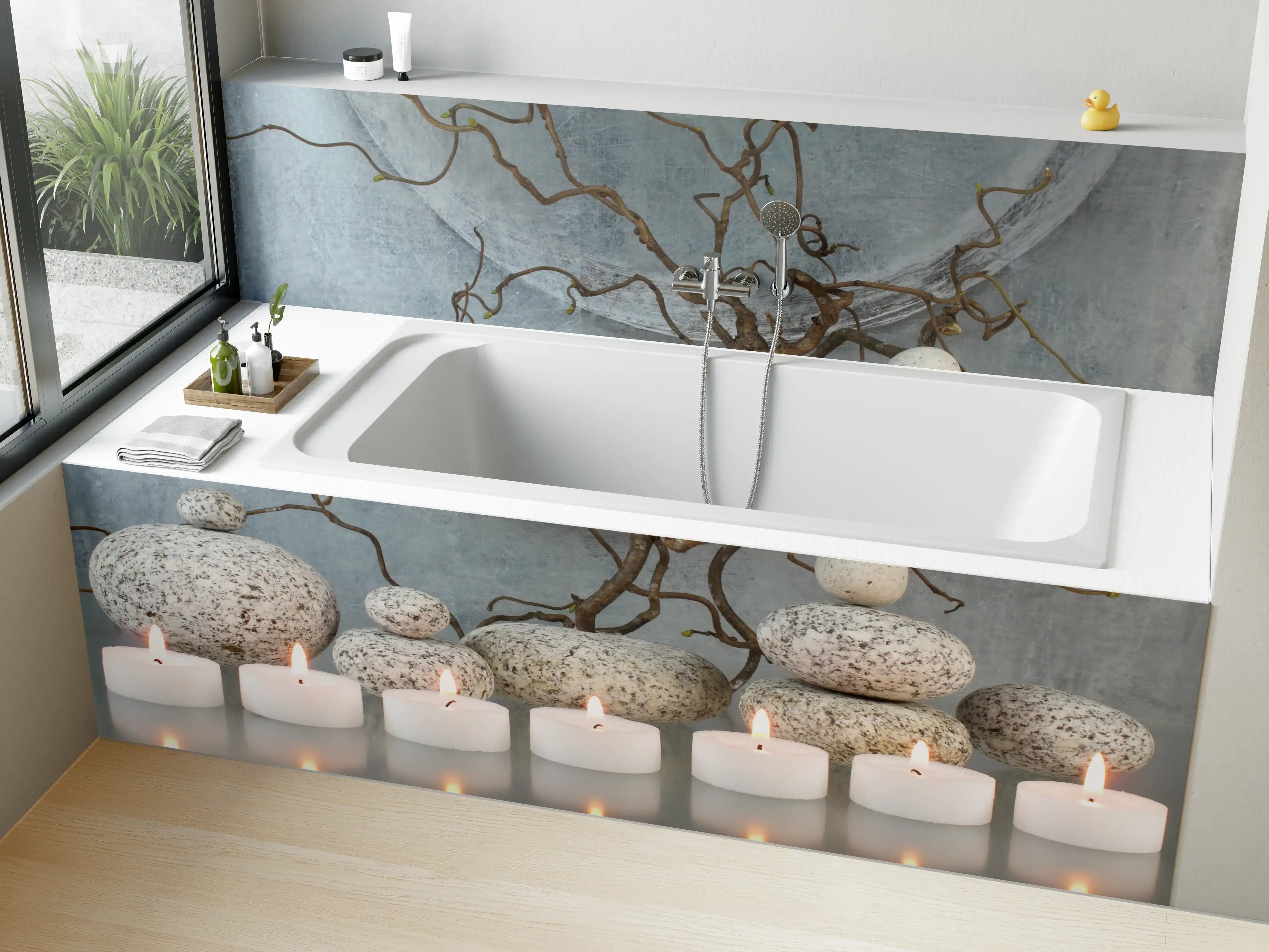 Badewannen-Rückwand - Peppiges, warmlichtiges Kerzenarrangement mit Naturdekoration