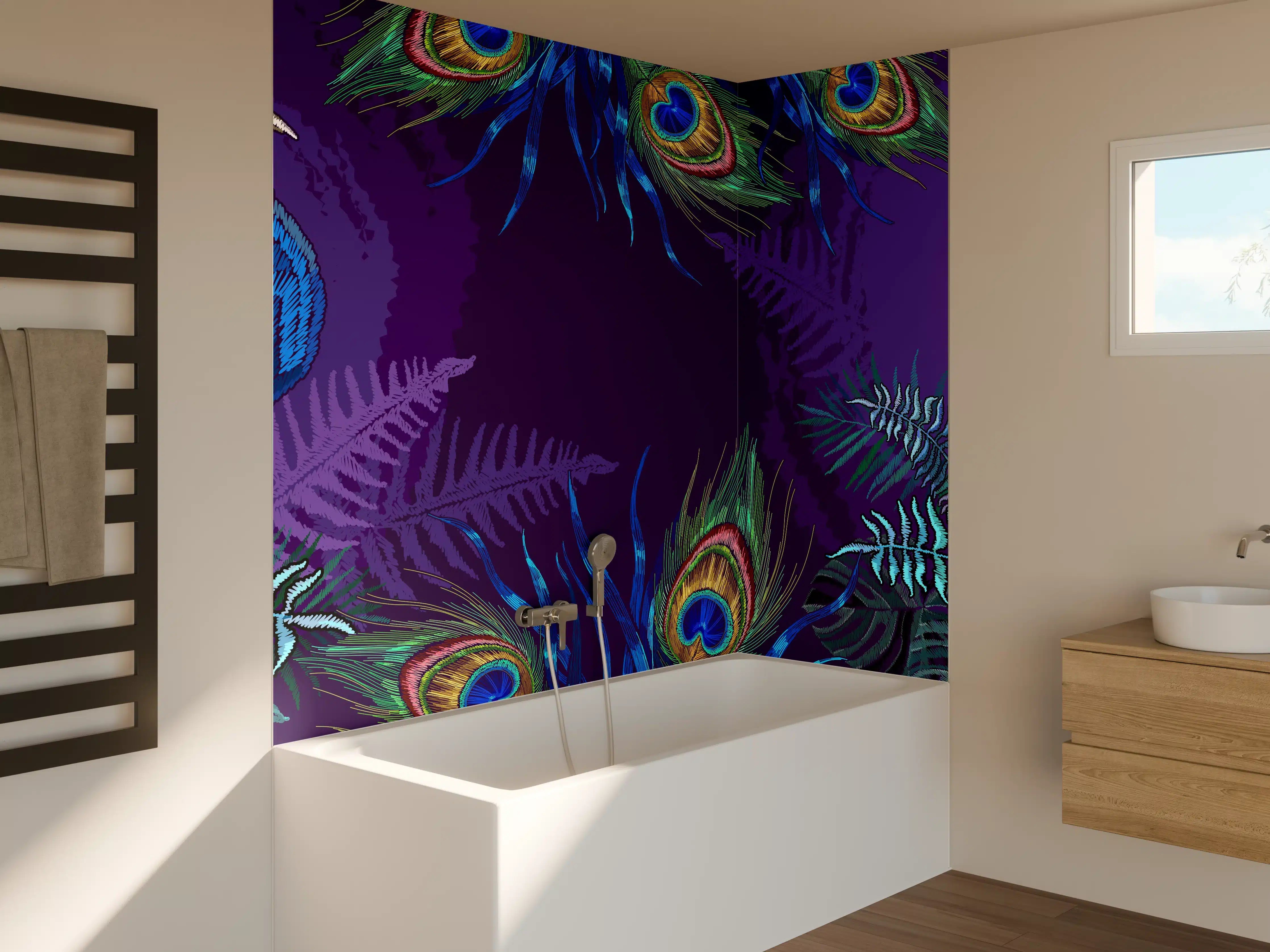 Badewannen-Rückwand - Pfauen Stickkunst Palmenblätter