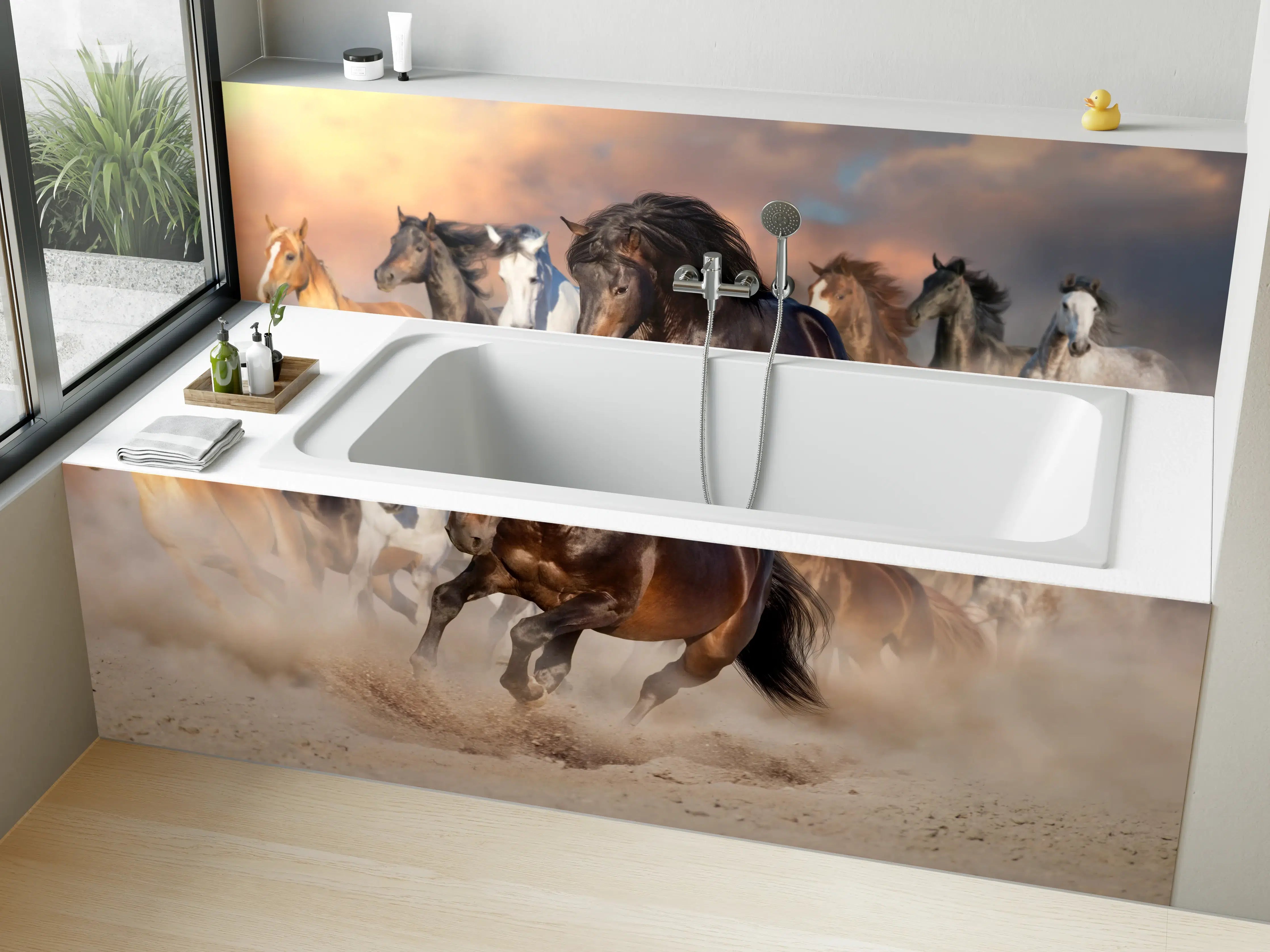 Badewannen-Rückwand - Pferdeherde galoppierend im Wüstenstaub