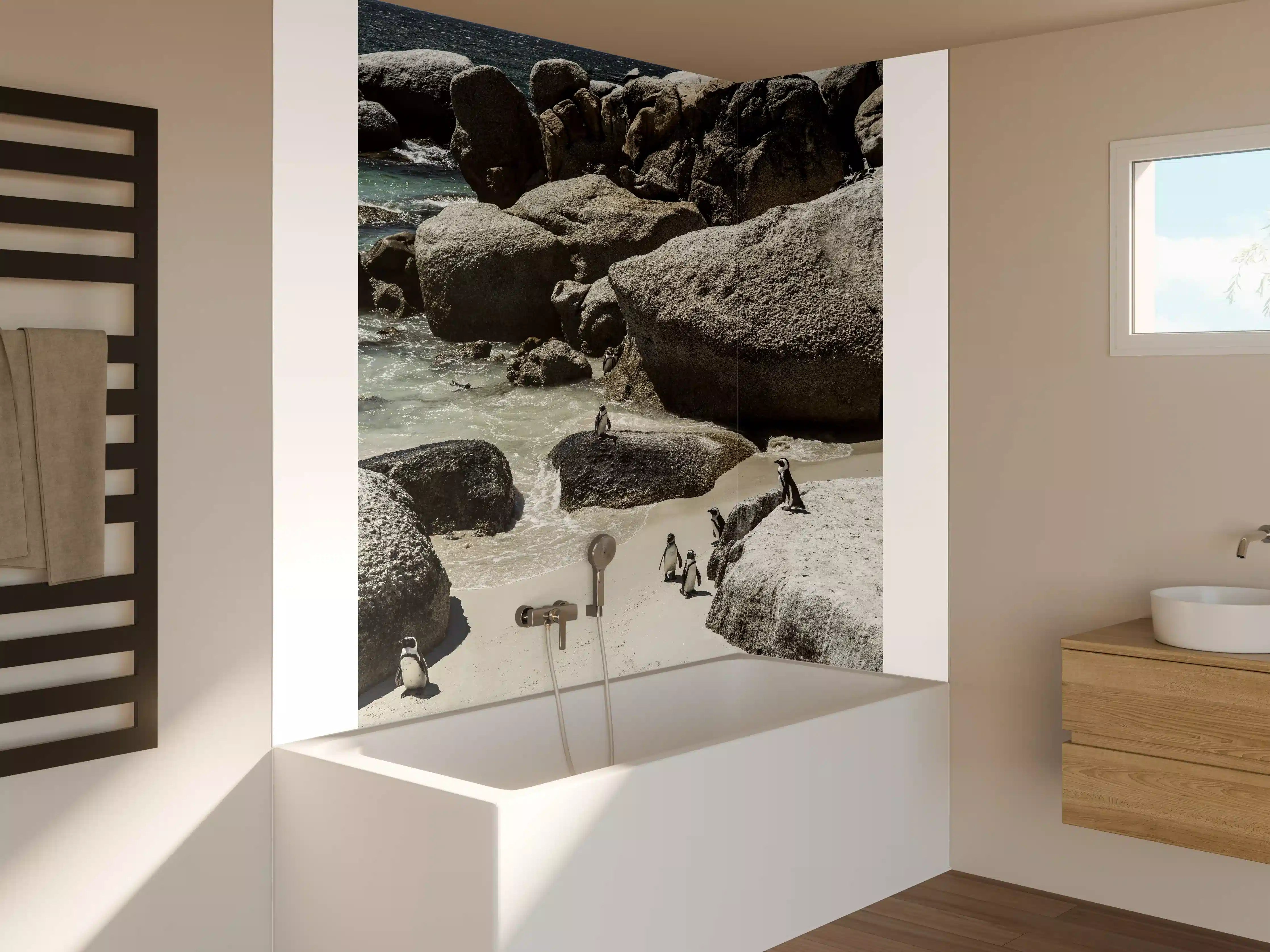 Badewannen-Rückwand - Pinguine an Felsküste