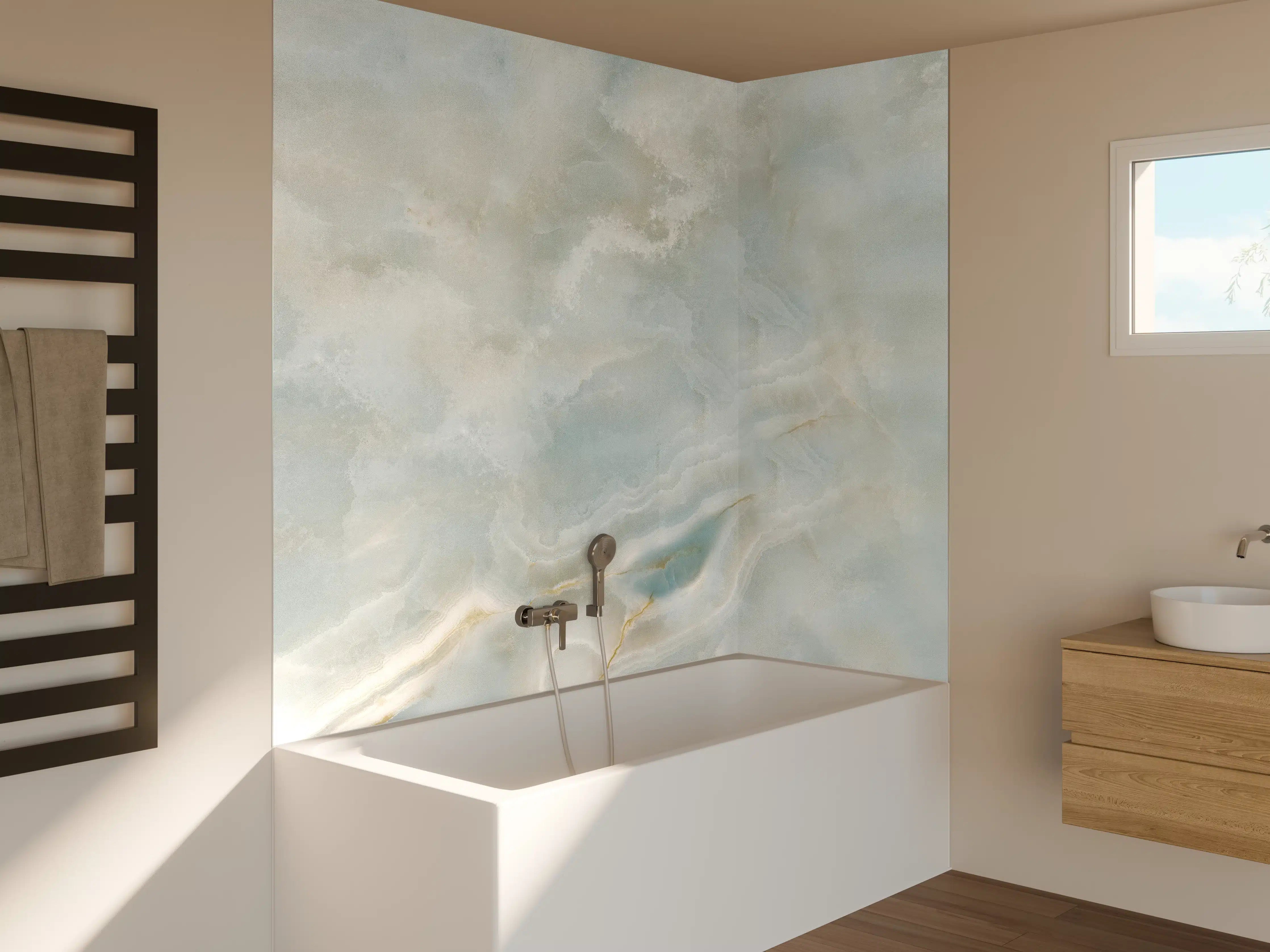 Badewannen-Rückwand - Polierter heller Onyx-Marmor 
