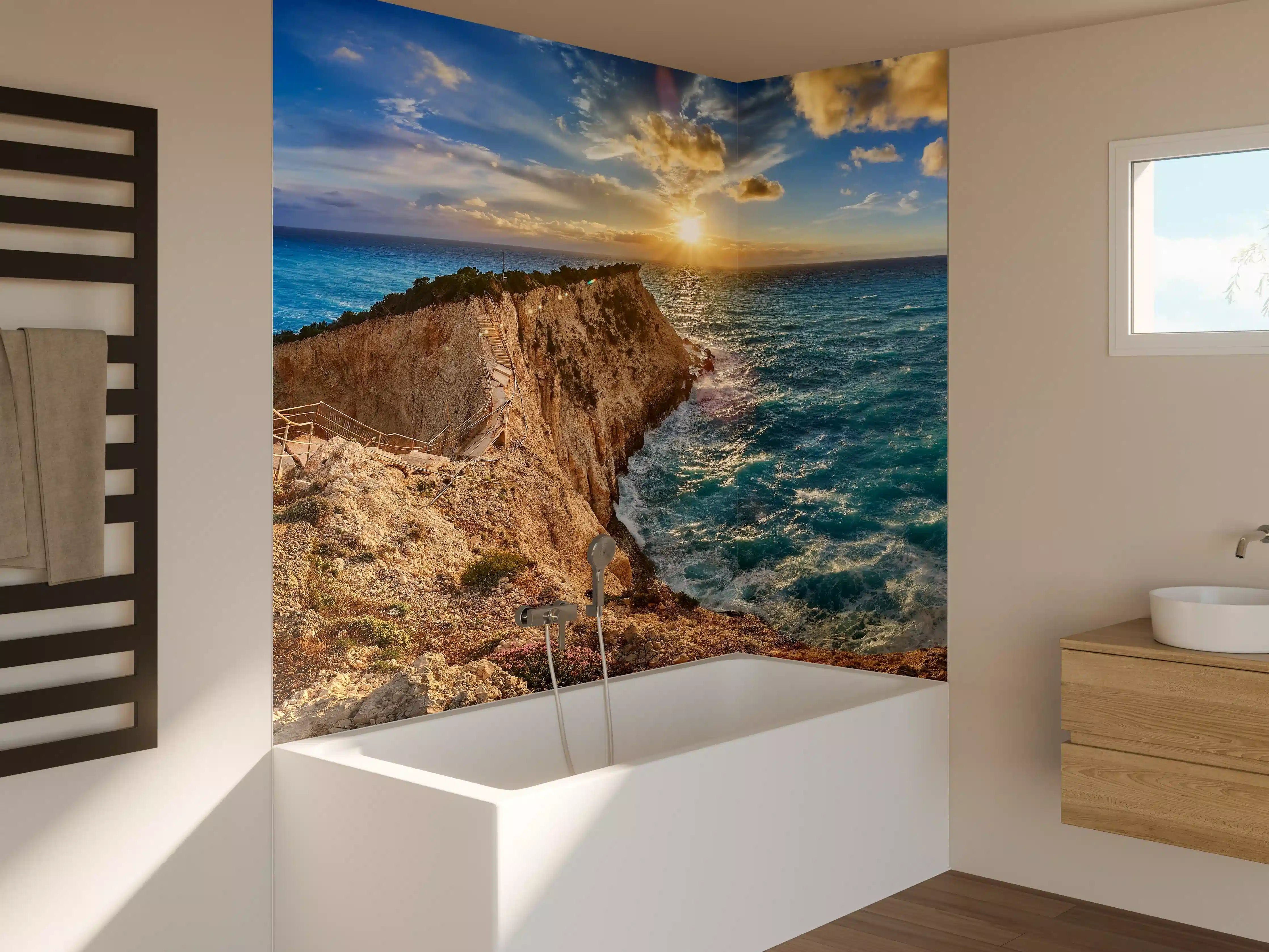 Badewannen-Rückwand - Porto Katsiki bei Sonnenuntergang