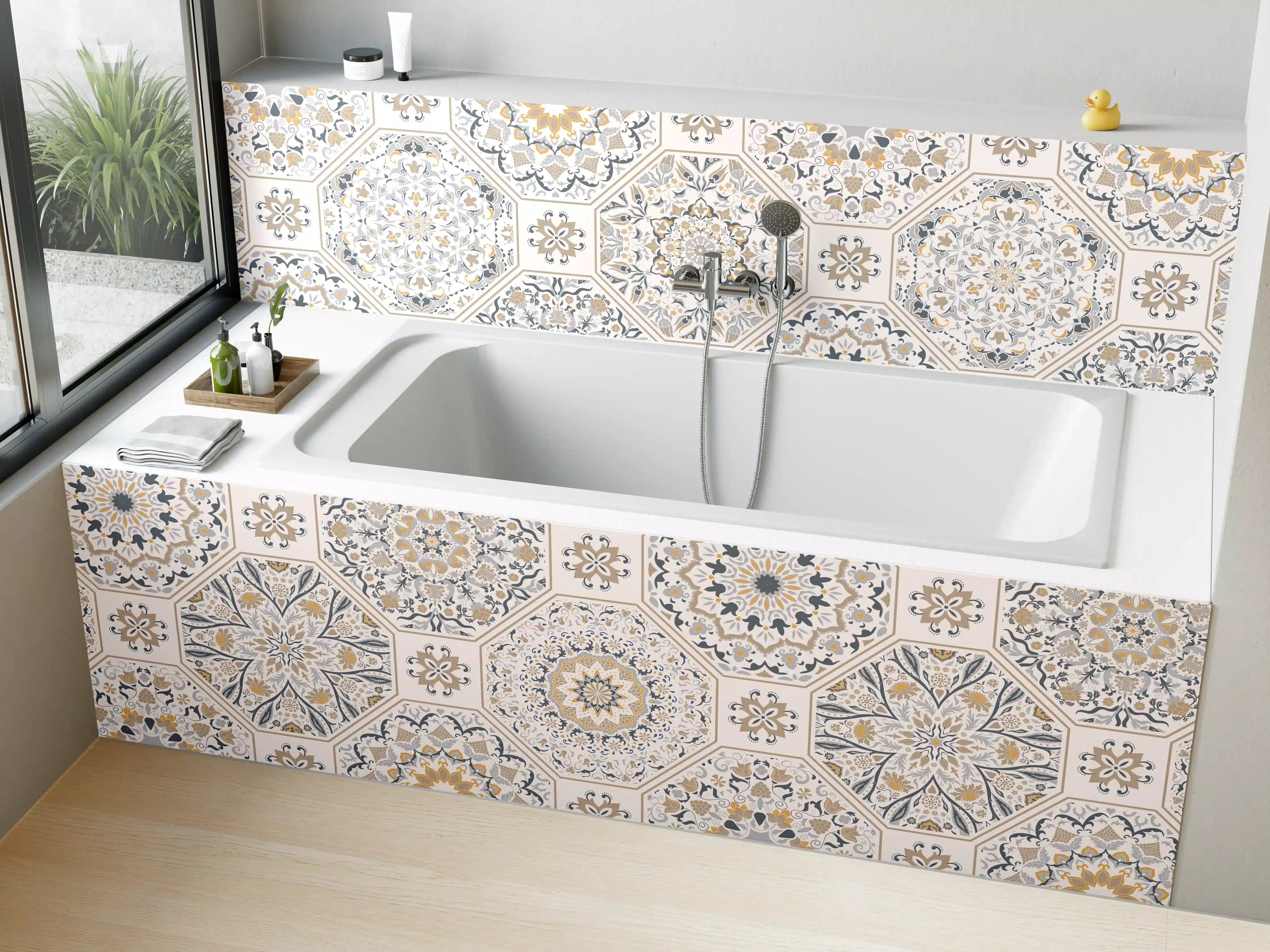 Badewannen-Rückwand - Premium Weiß-Grau Ornament-Muster