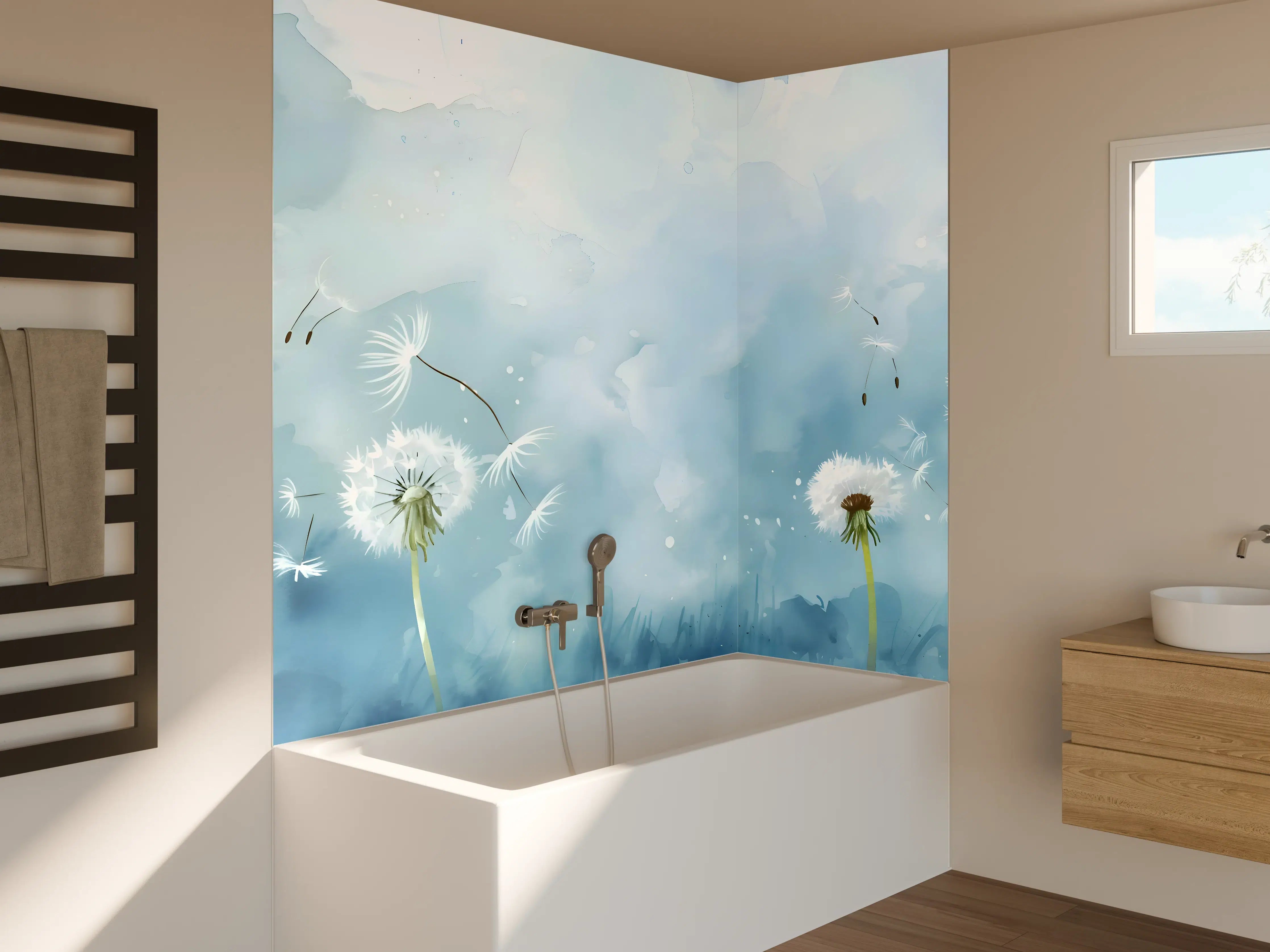 Badewannen-Rückwand - Pusteblumen Aquarell Blau-Weiß
