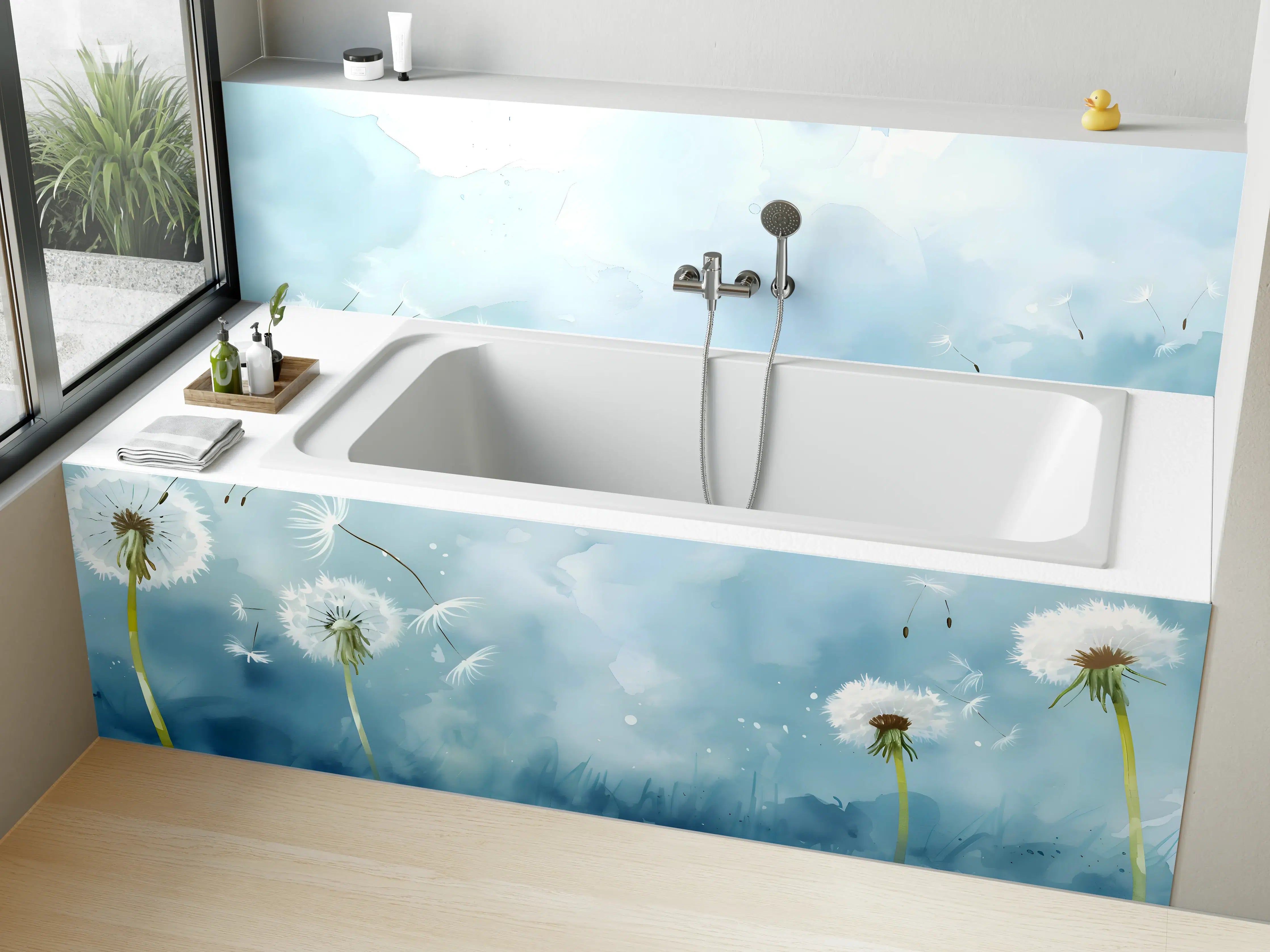 Badewannen-Rückwand - Pusteblumen Aquarell Blau-Weiß