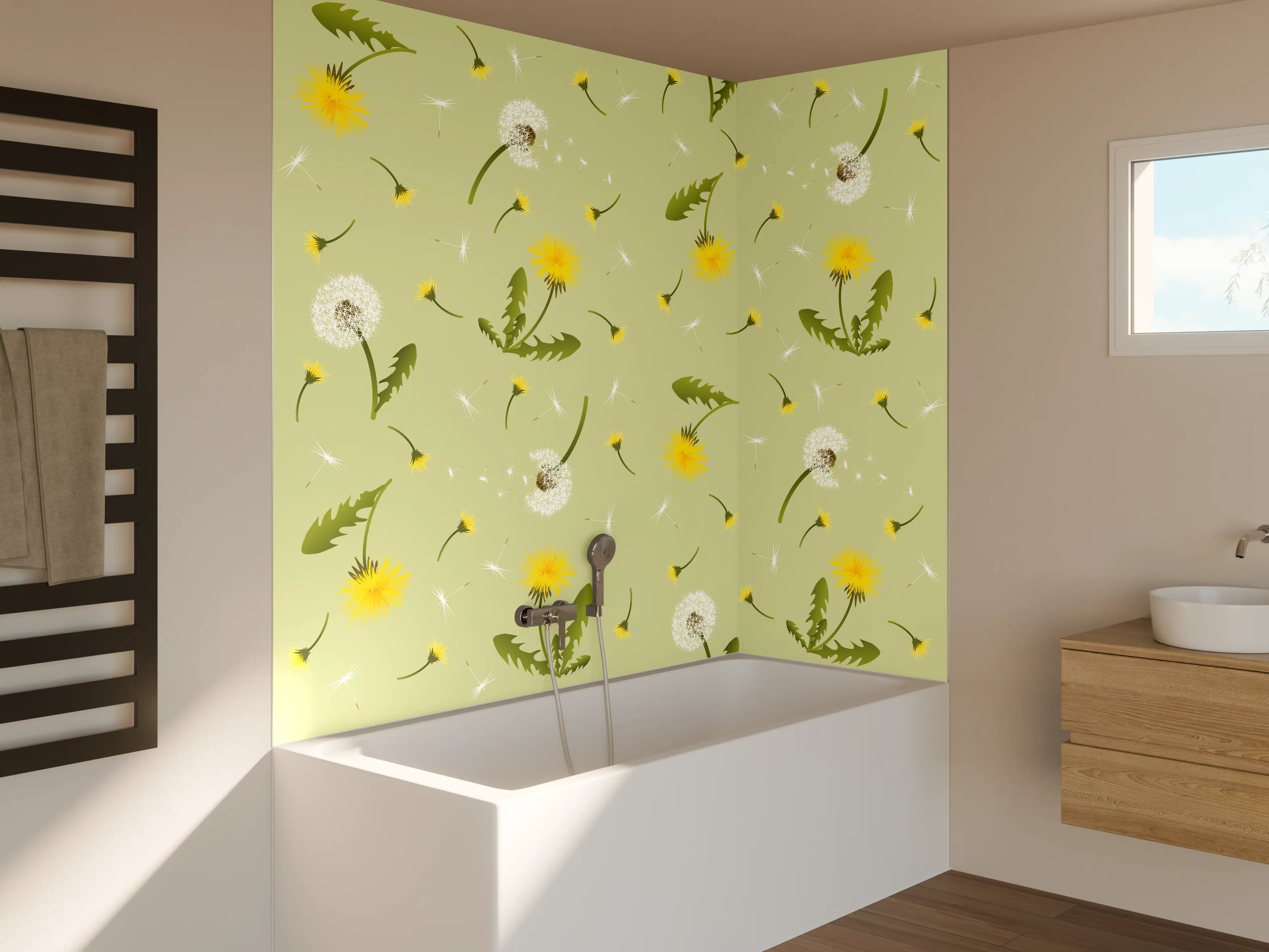 Badewannen-Rückwand - Pusteblumen Grün-Gelb Muster